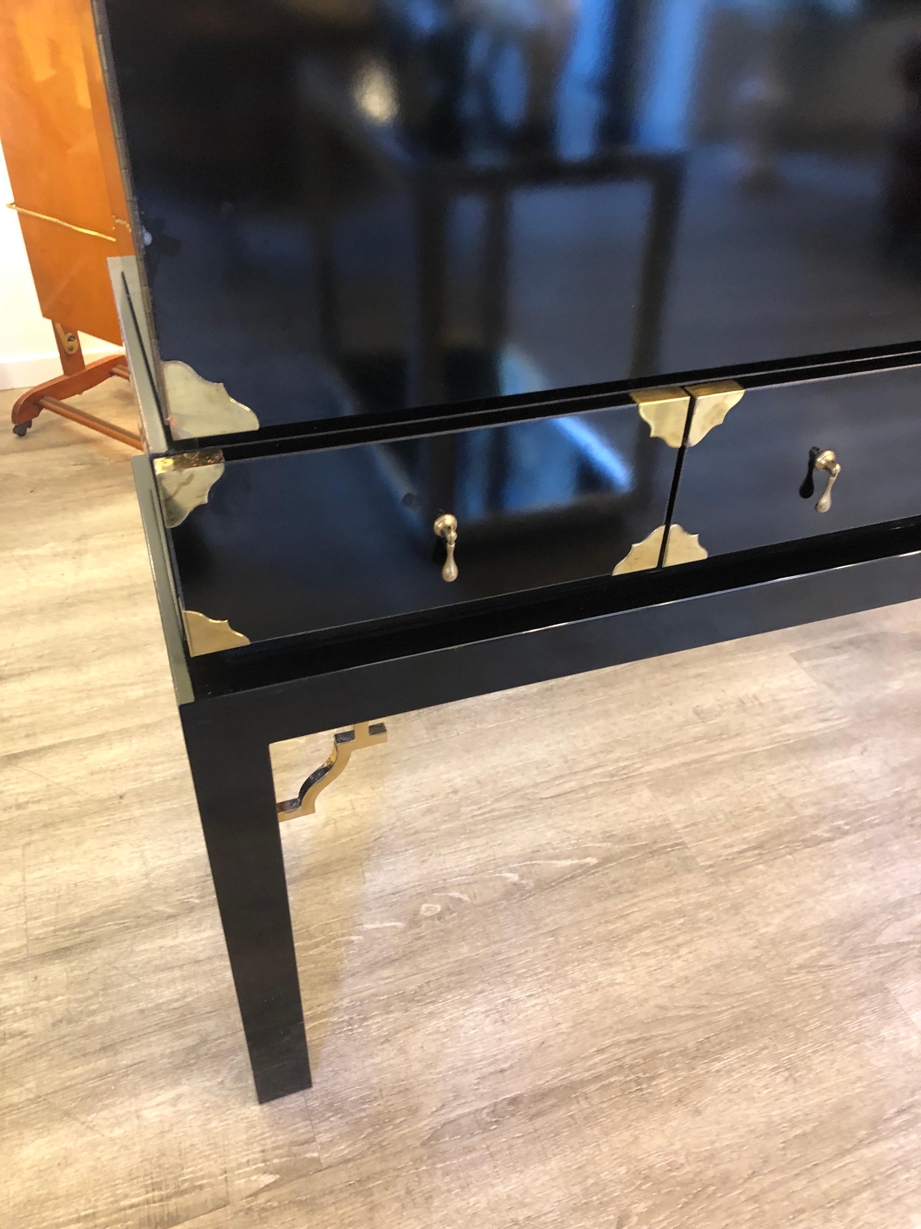 Black Lacquered Brass Details and Leather Handles Two Doors Cabinet 7