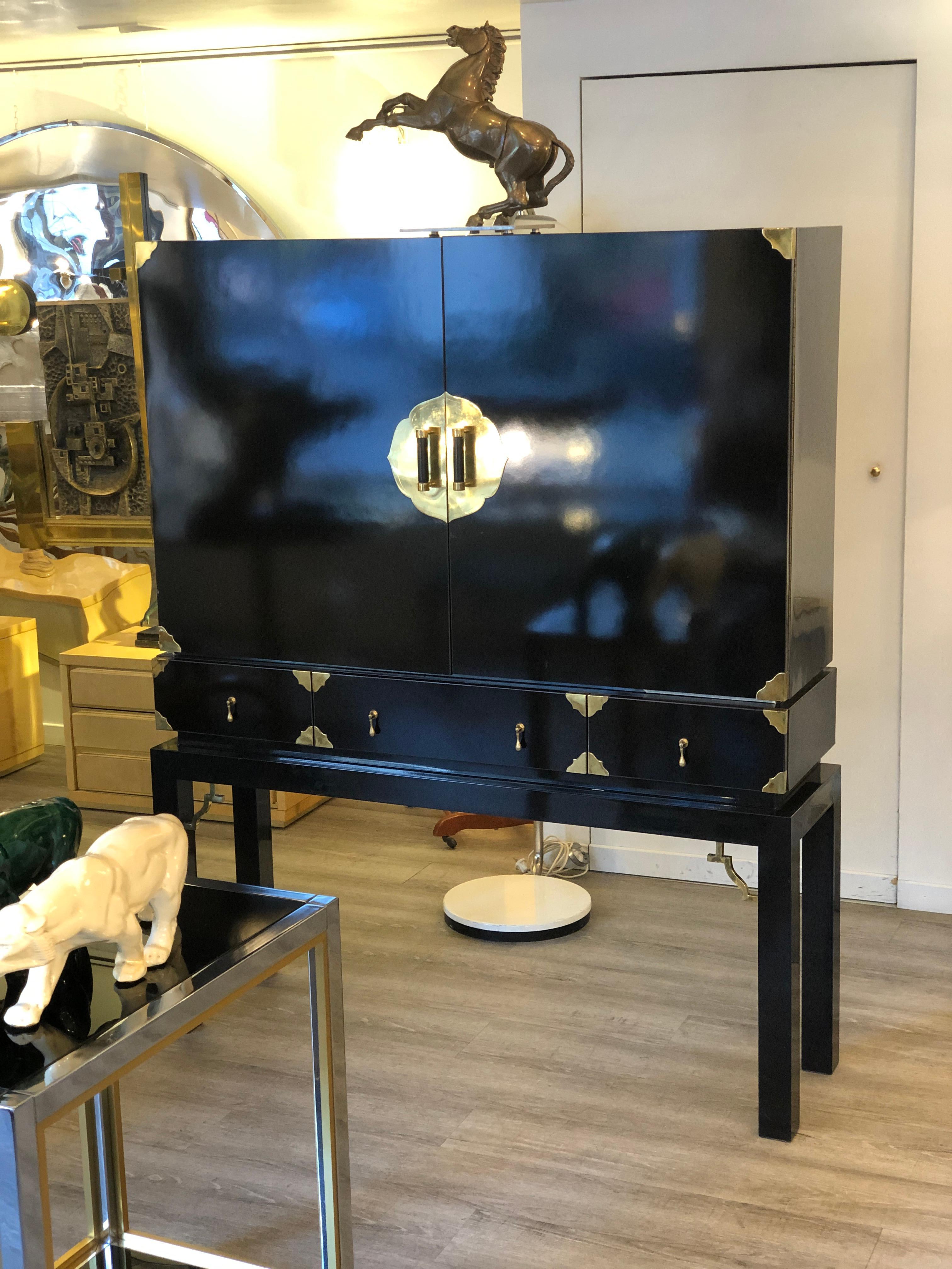 European Black Lacquered Brass Details and Leather Handles Two Doors Cabinet