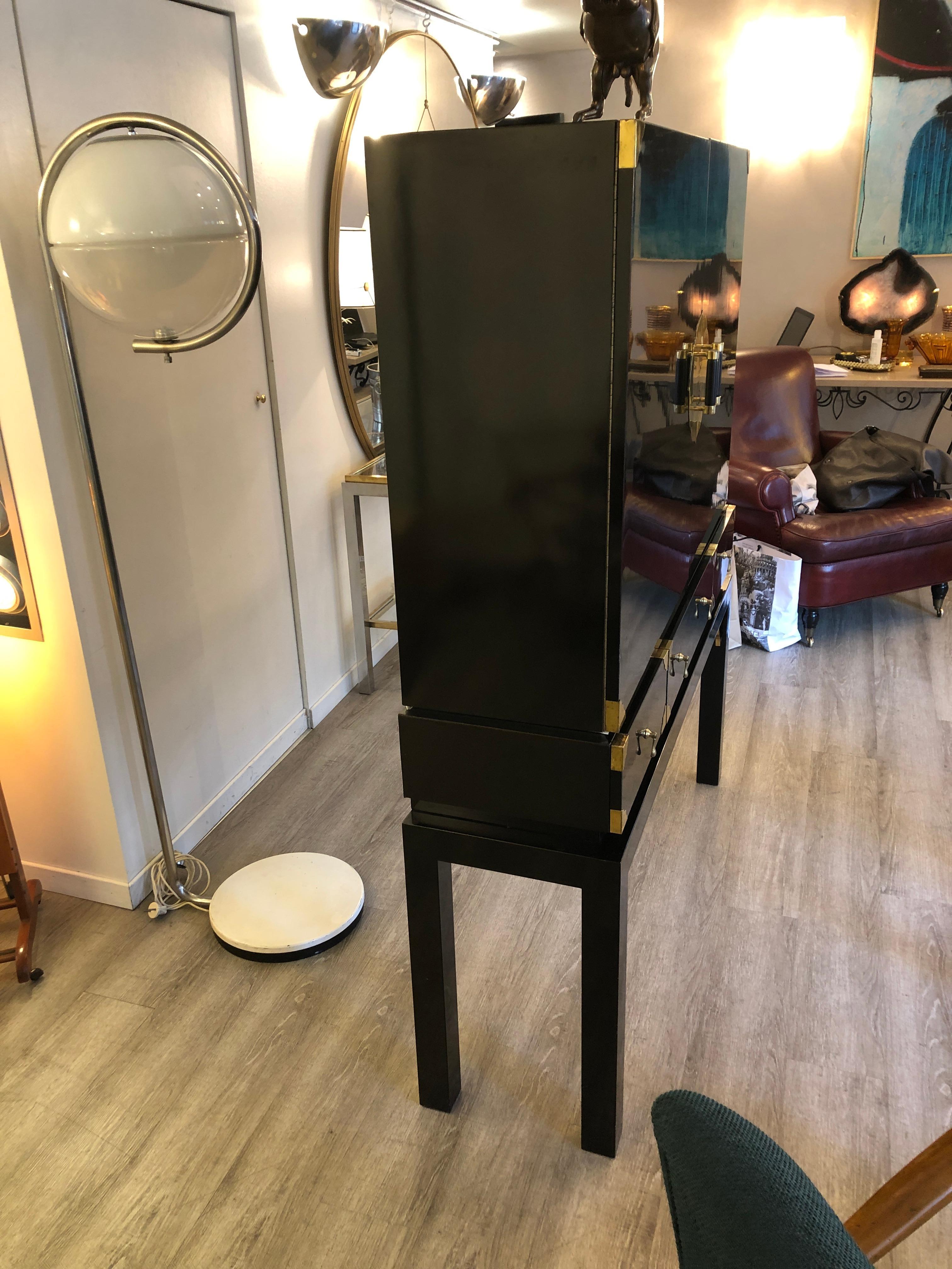 Black Lacquered Brass Details and Leather Handles Two Doors Cabinet 2