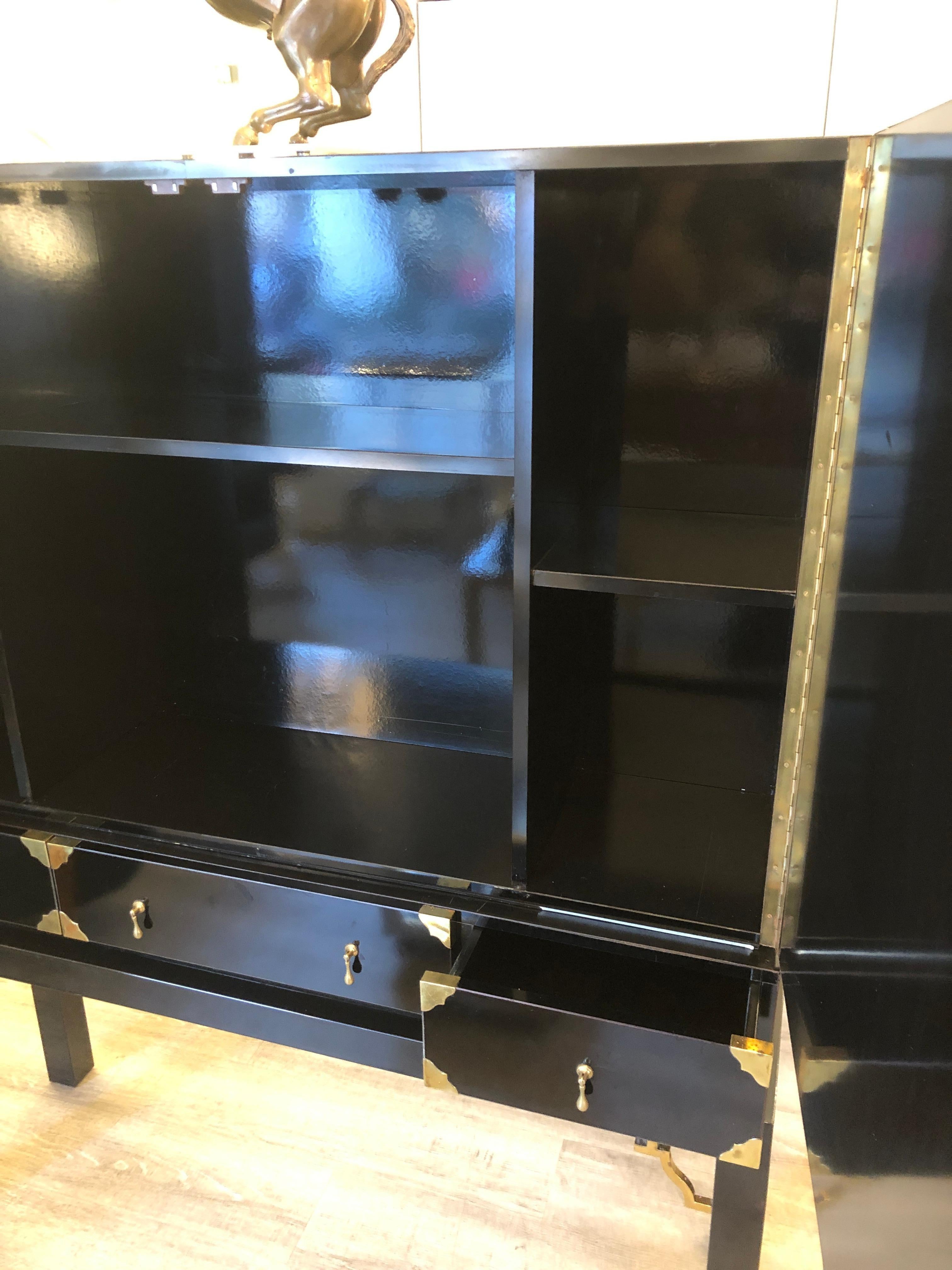 Black Lacquered Brass Details and Leather Handles Two Doors Cabinet 4