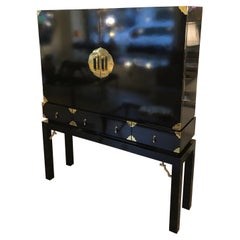 Vintage Black Lacquered Brass Details and Leather Handles Two Doors Cabinet