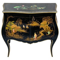 Black Lacquered Cabinet with Hand-Painted Japanese Scenes, 1900s