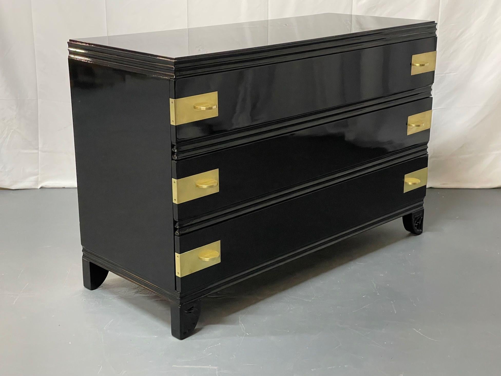 Mid-20th Century Black Lacquered Campaign Chest, Dresser or Commode, Hollywood Regency, Parzinger For Sale