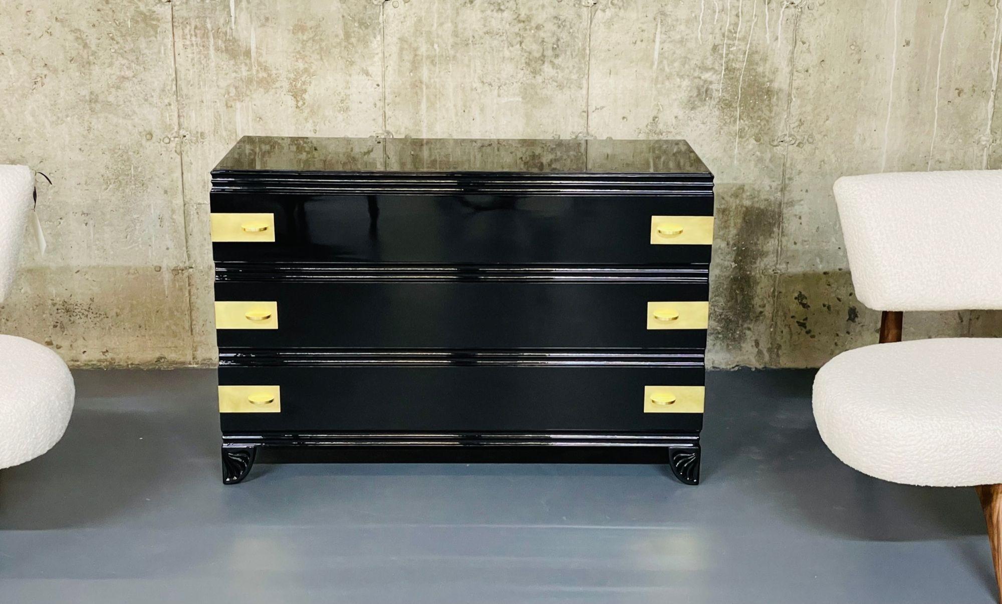 Brass Black Lacquered Campaign Chest, Dresser or Commode, Hollywood Regency, Parzinger For Sale
