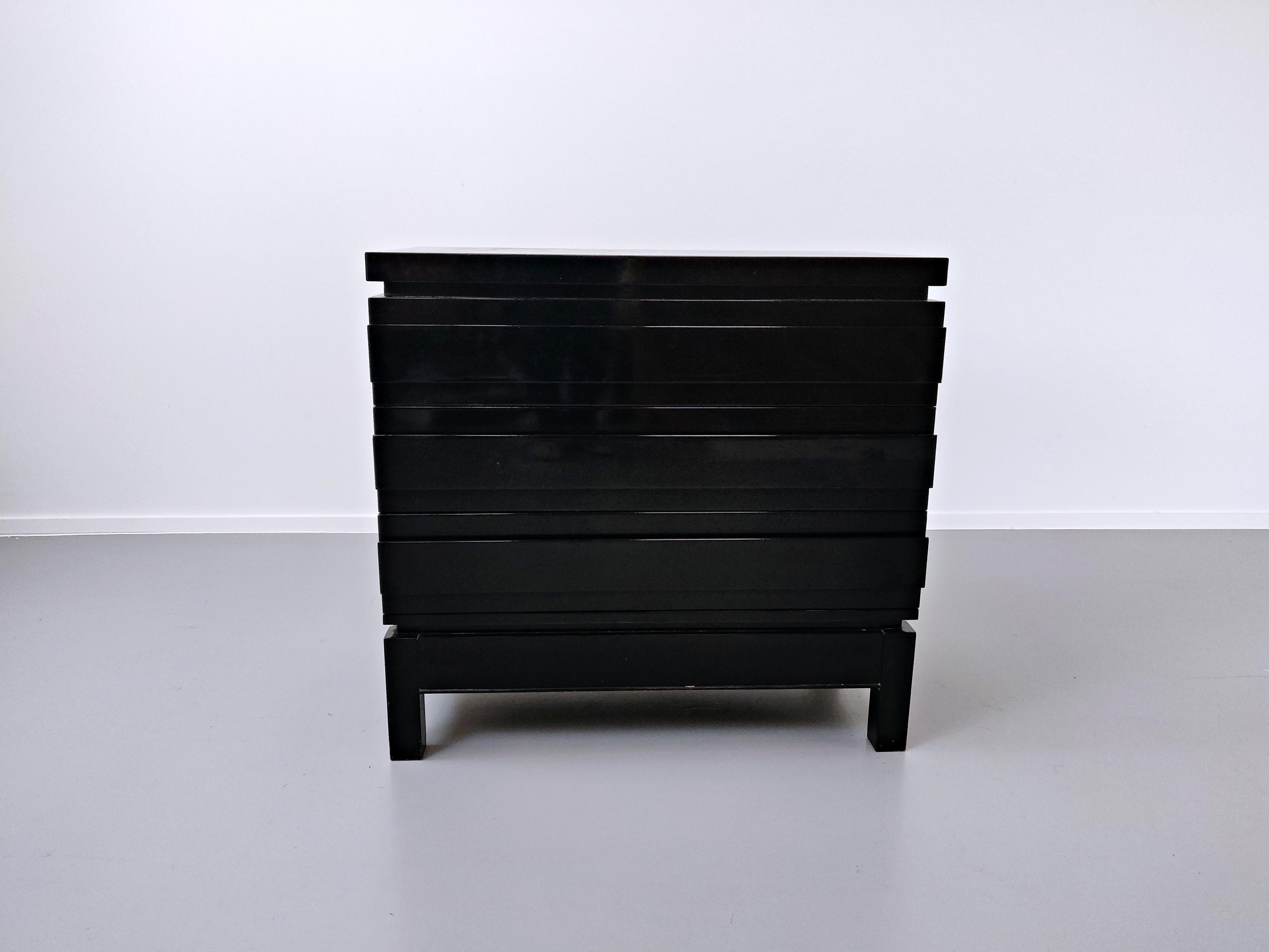 Late 20th Century Black Lacquered Mid-Century Modern Chest of Drawers by Emile Veranneman, Belgium