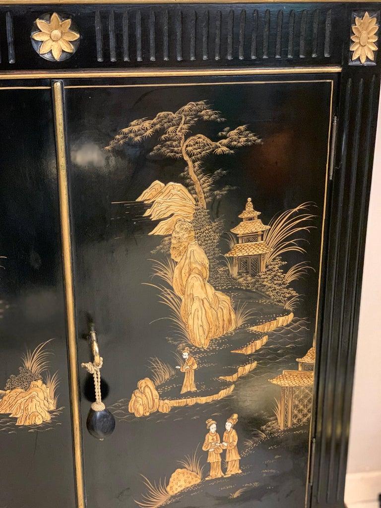 Black Lacquered Chinese Cabinet with Gilt Hand Painted Motifs, Early 1900 5