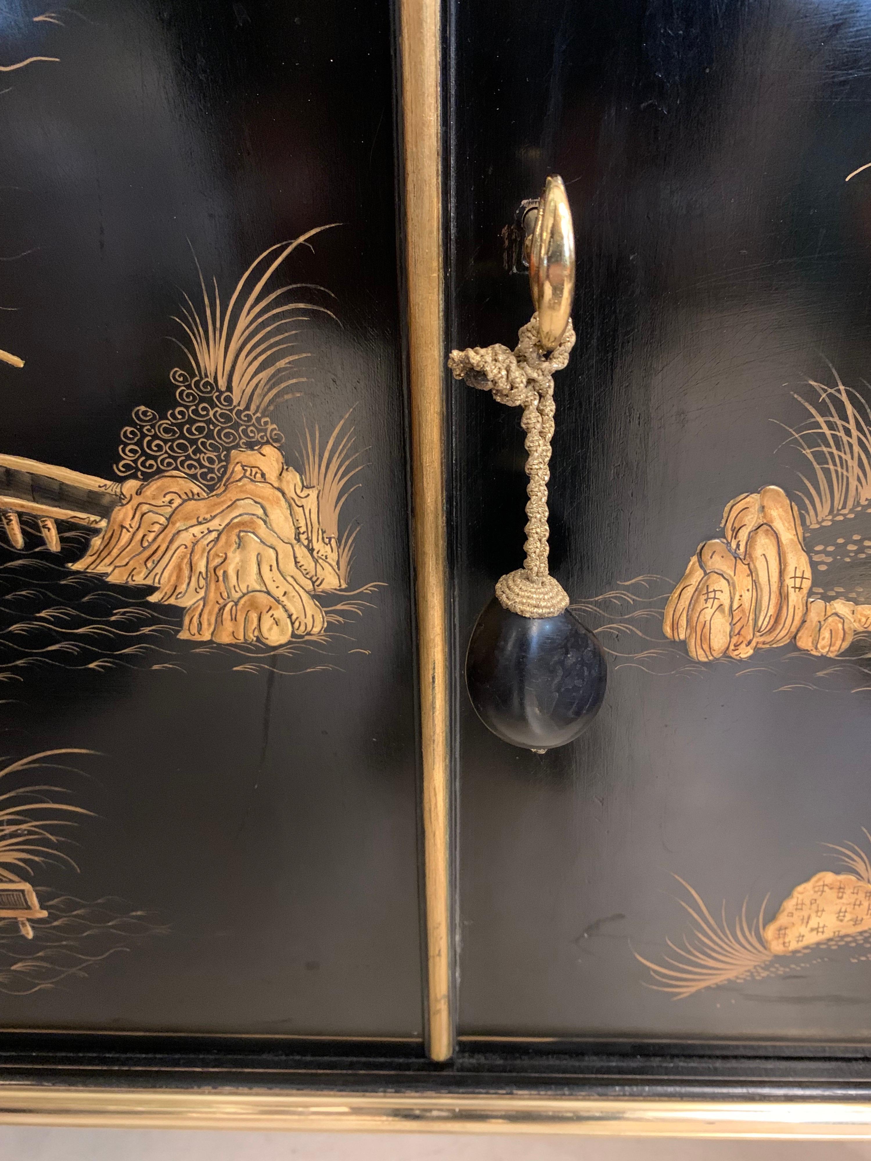 Black Lacquered Chinese Cabinet with Gilt Hand Painted Motifs, Early 1900 7