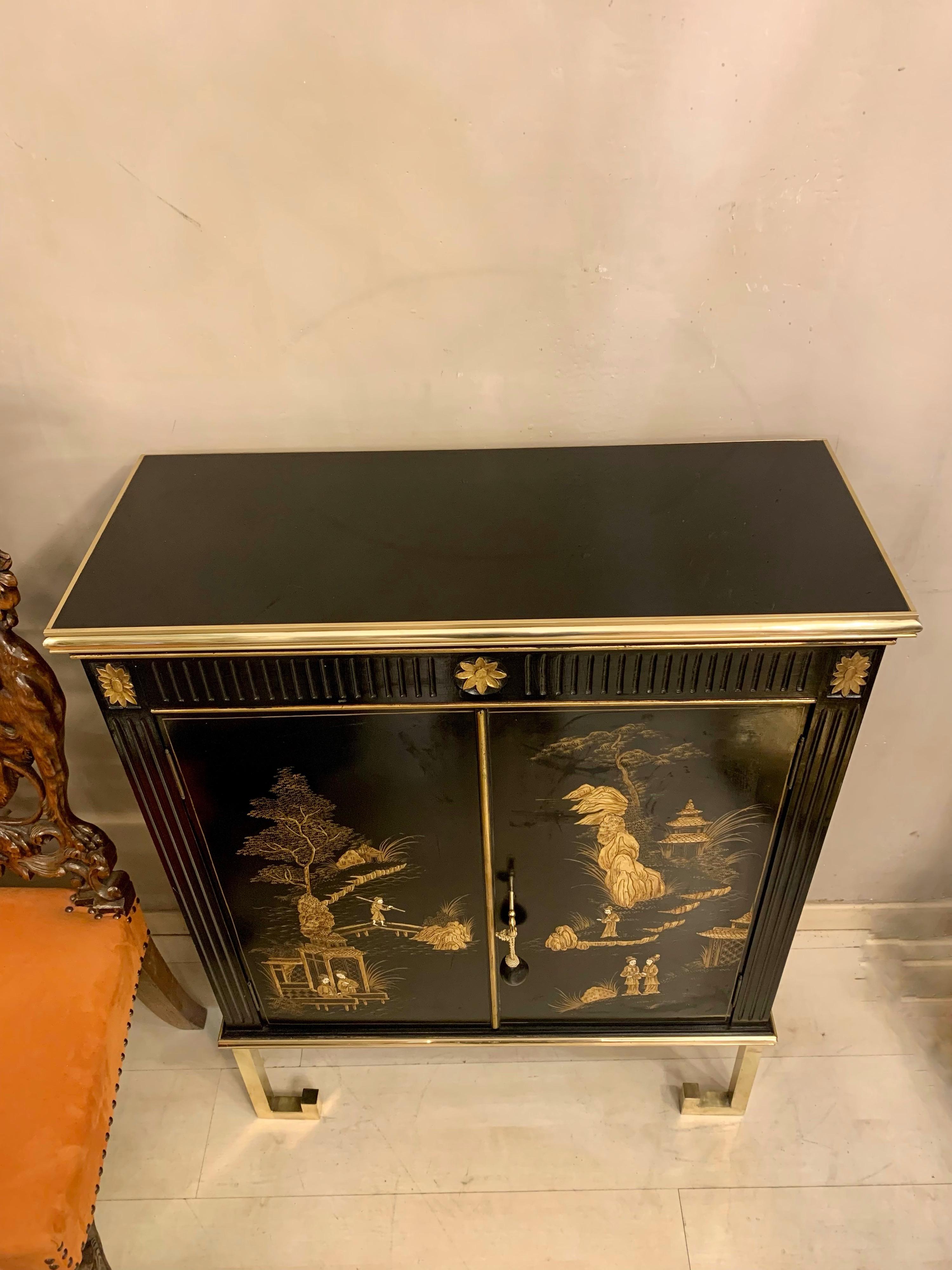 Black Lacquered Chinese Cabinet with Gilt Hand Painted Motifs, Early 1900 8