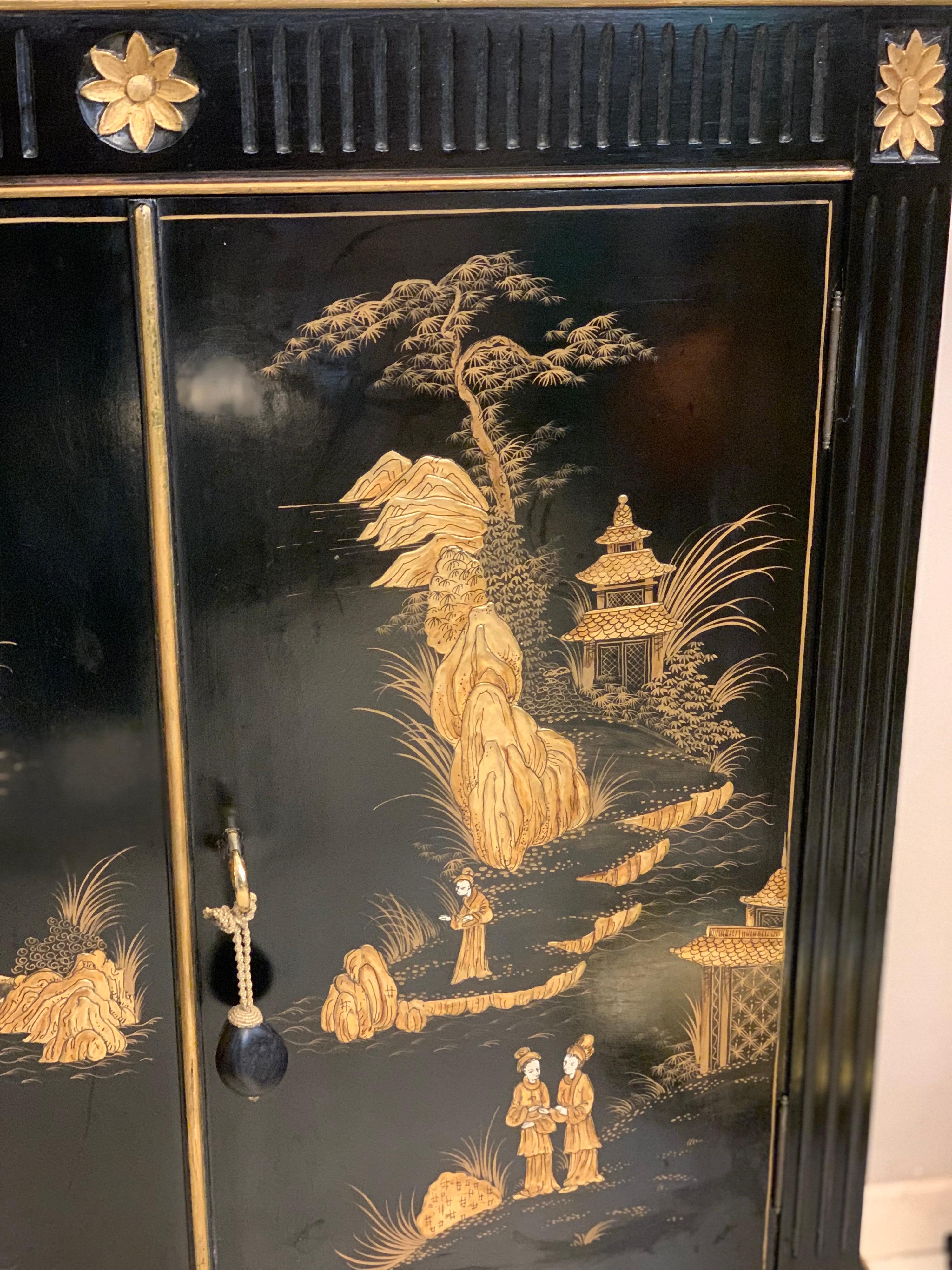 French Black Lacquered Chinese Cabinet with Gilt Hand Painted Motifs, Early 1900