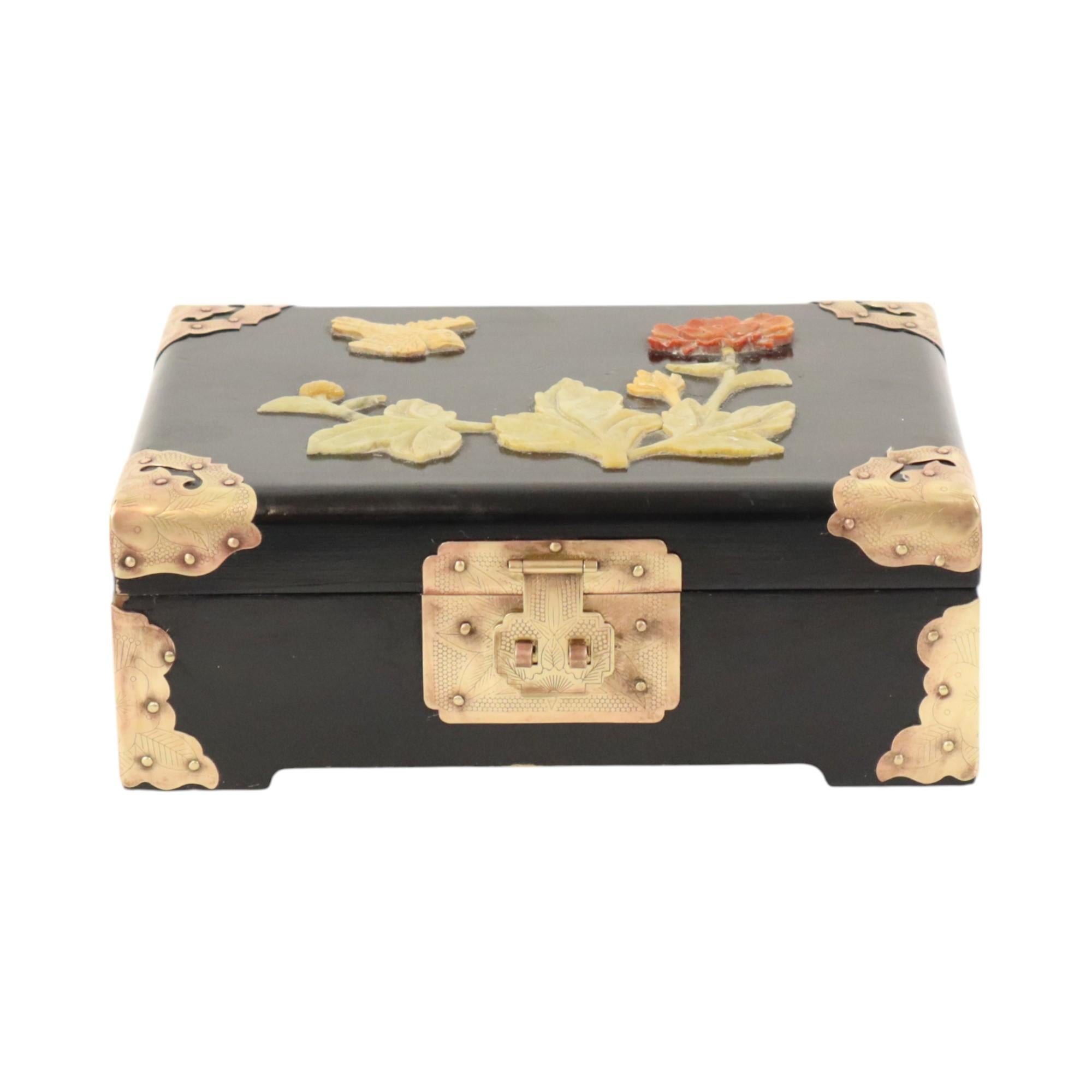 Joyero Chino Lacado Negro Jabonera Latón Chinoiserie siglo XX en venta