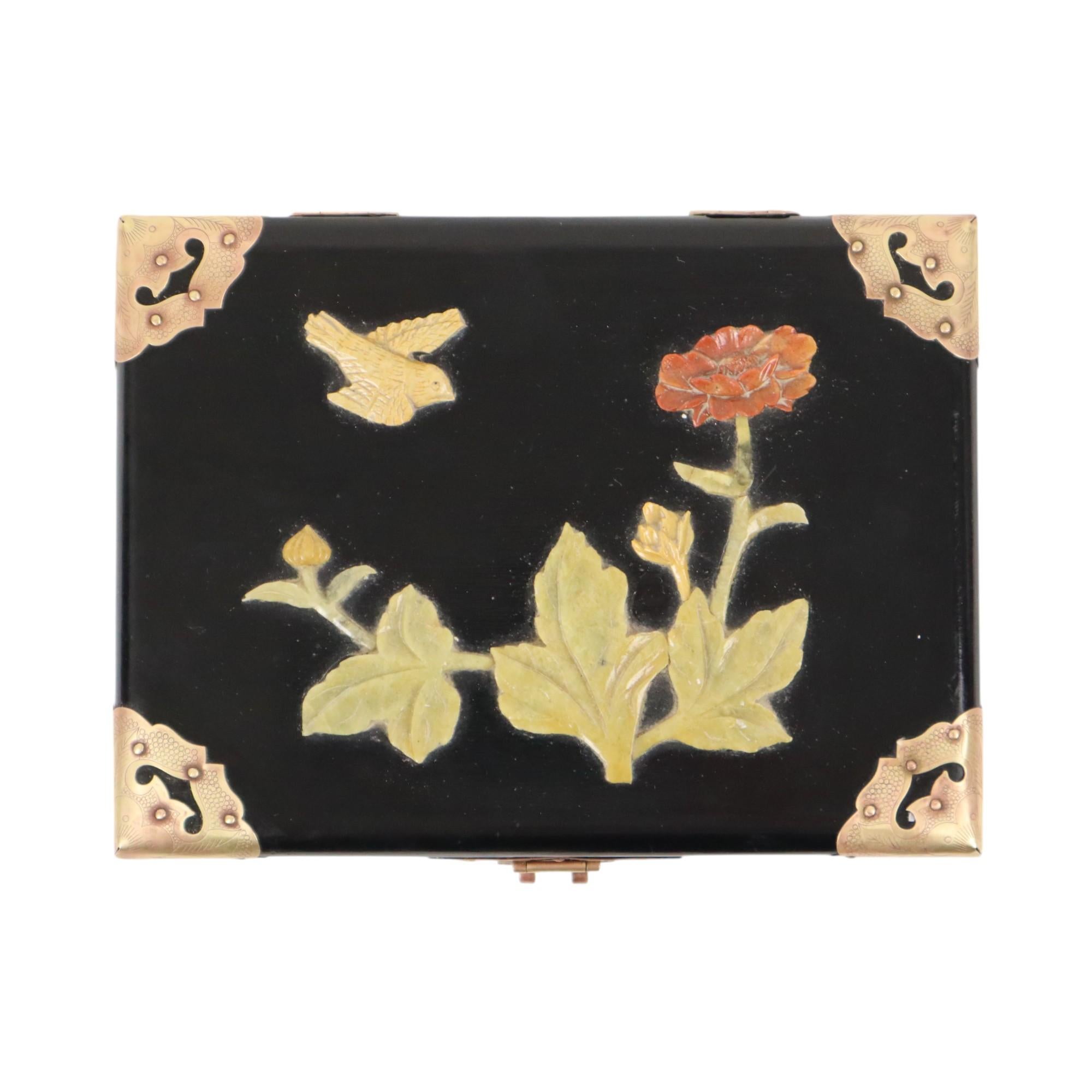 Joyero Chino Lacado Negro Jabonera Latón Chinoiserie en venta 1