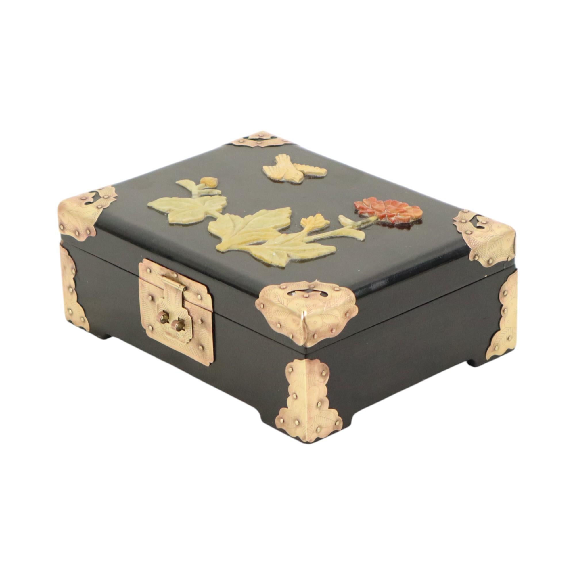 Joyero Chino Lacado Negro Jabonera Latón Chinoiserie en venta 2
