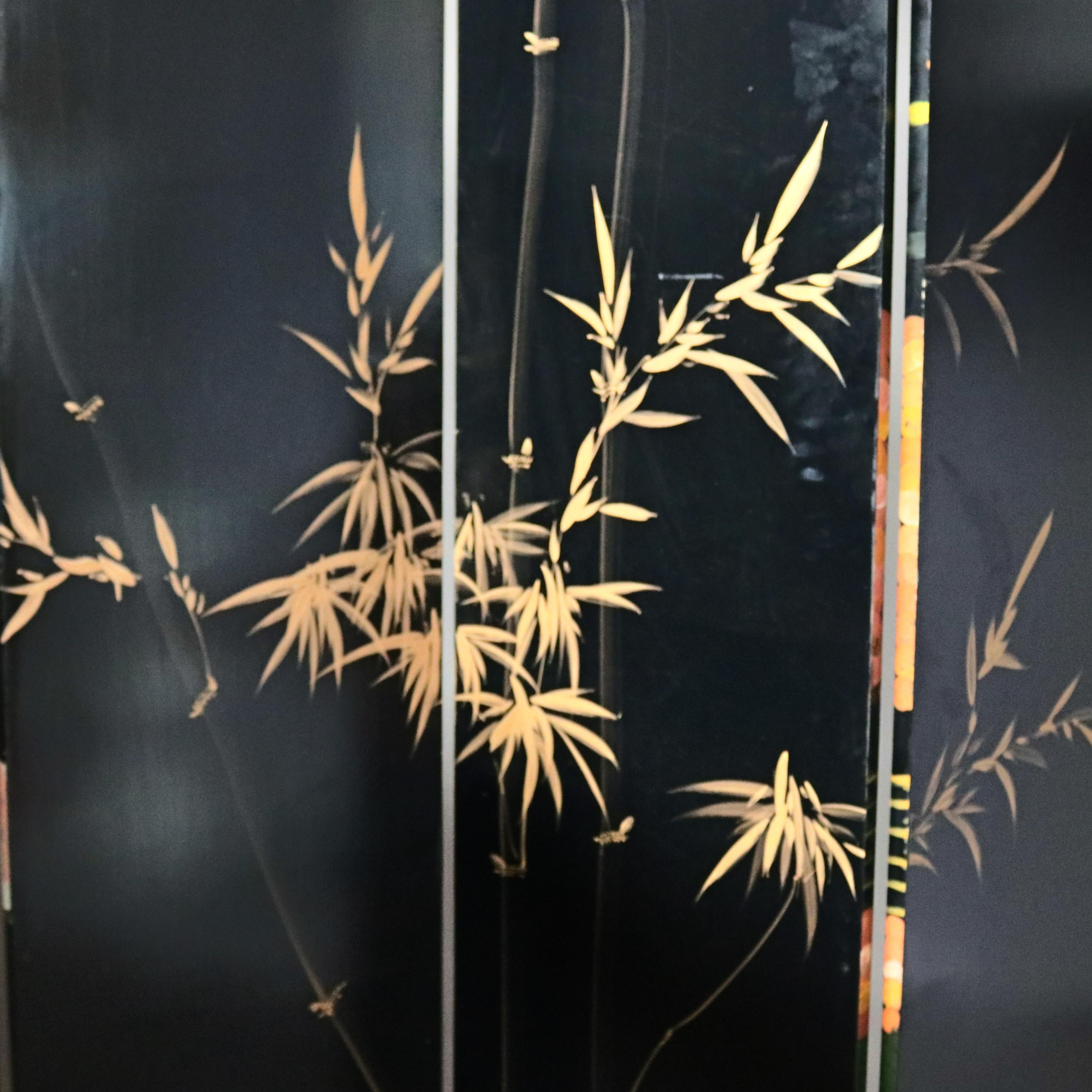 Chinoiserie Black Lacquered Chinese Screen with Roesen School Still Life Painting