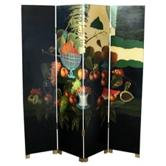 Black Lacquered Chinese Screen with Roesen School Still Life Painting