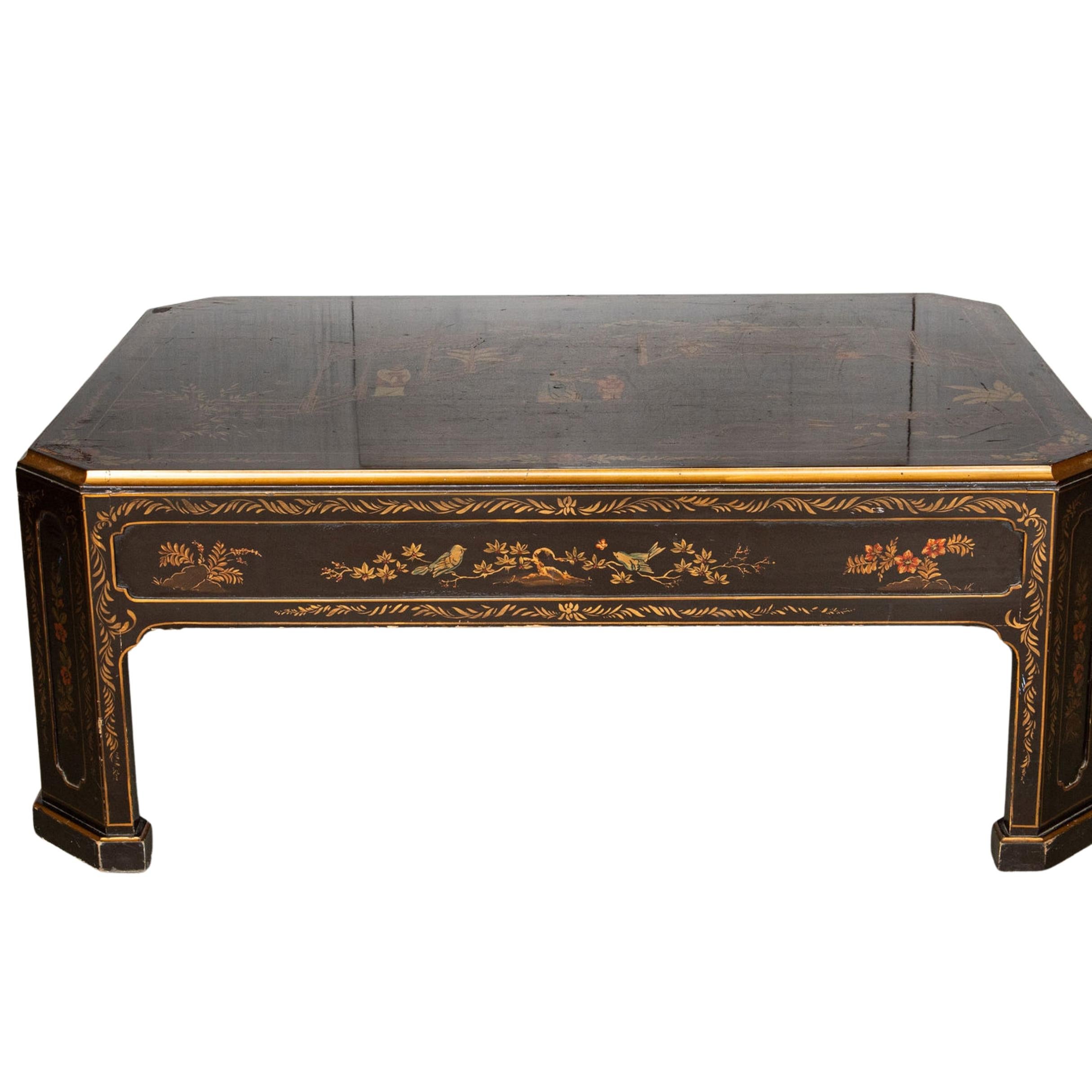 Wood Black Lacquered Chinoiserie Coffee Table For Sale