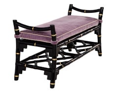 Black Lacquered Chinoiserie Inspired Bench with Hand Painted Gold Accents