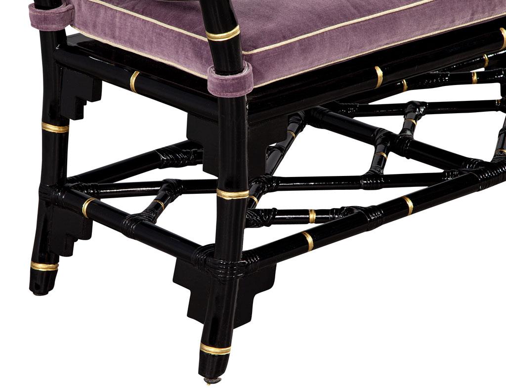 Black Lacquered Chinoiserie Inspired Bench with Hand Painted Gold Accents In Excellent Condition For Sale In North York, ON