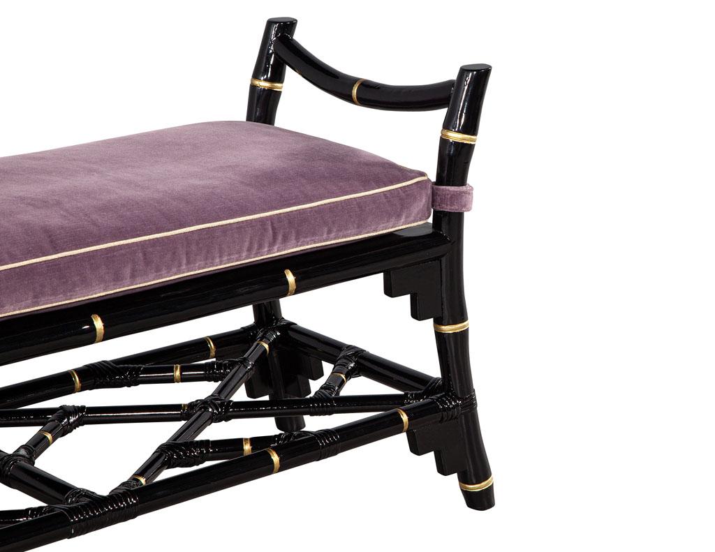 Late 20th Century Black Lacquered Chinoiserie Inspired Bench with Hand Painted Gold Accents For Sale