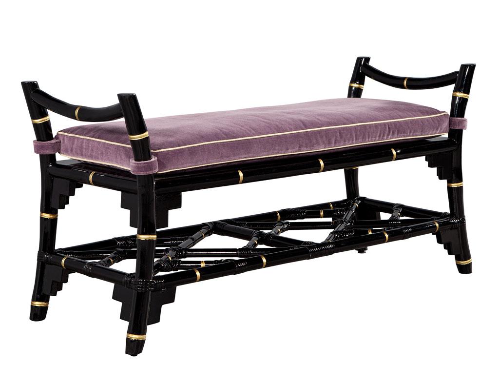 Wood Black Lacquered Chinoiserie Inspired Bench with Hand Painted Gold Accents For Sale