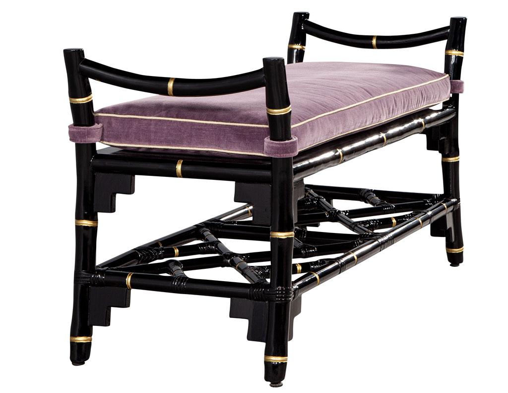 Black Lacquered Chinoiserie Inspired Bench with Hand Painted Gold Accents For Sale 1