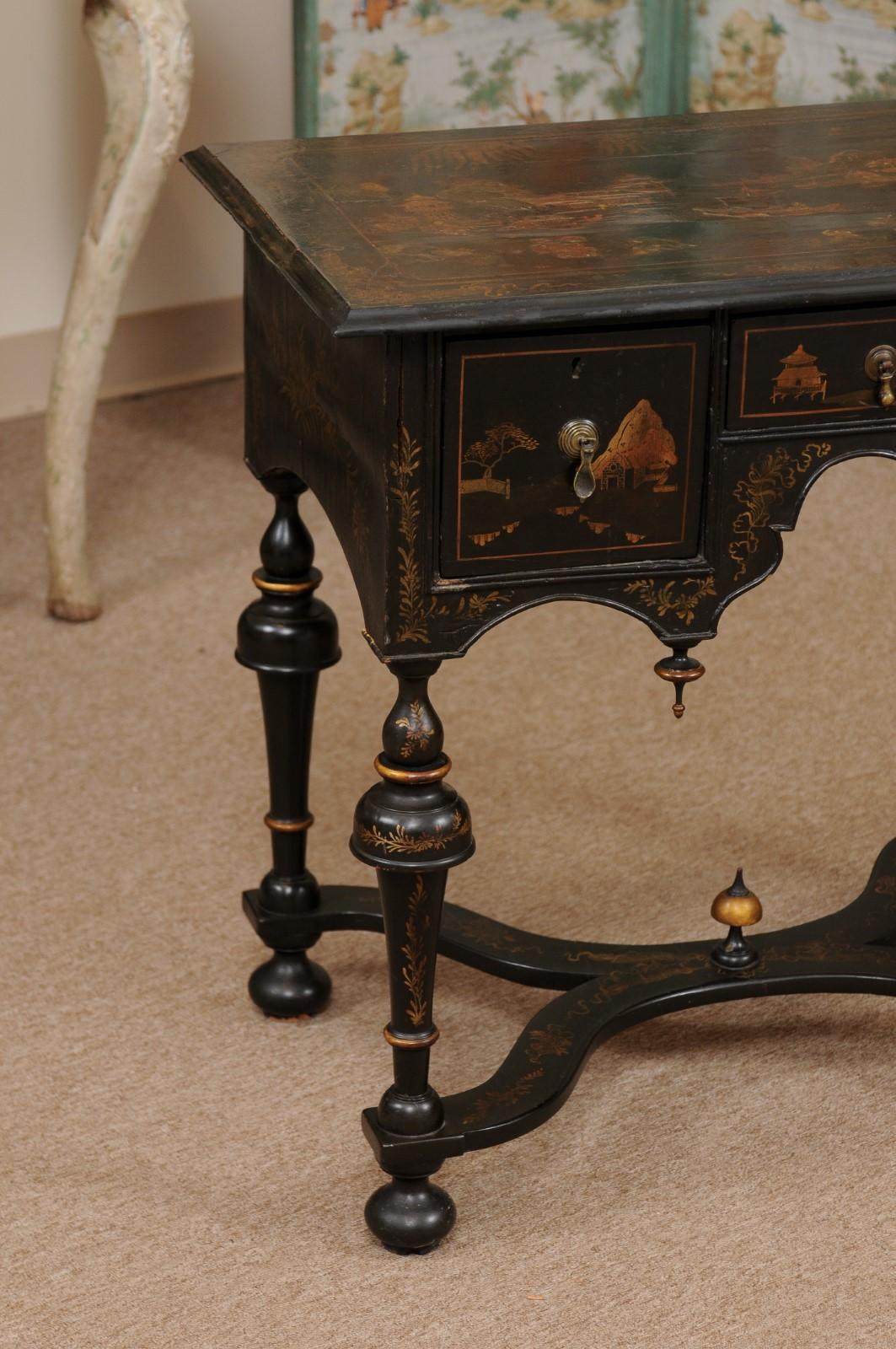 English Black Lacquered Chinoiserie William & Mary Style Lowboy, 18th Century England For Sale