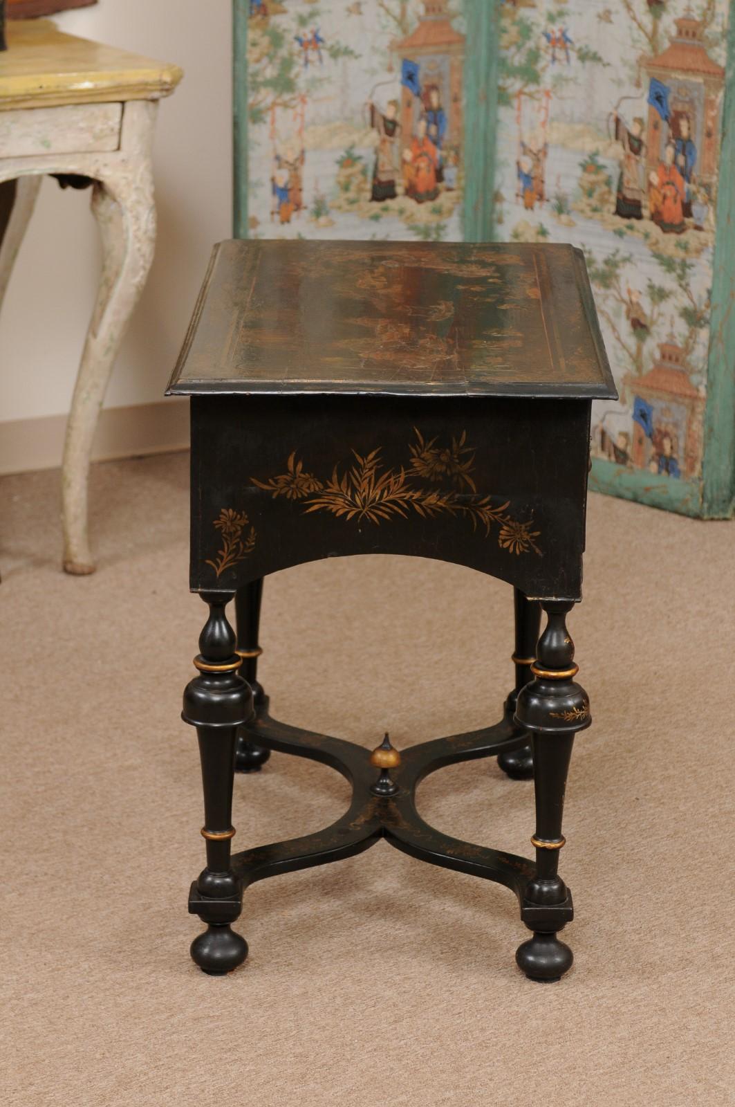Wood Black Lacquered Chinoiserie William & Mary Style Lowboy, 18th Century England For Sale