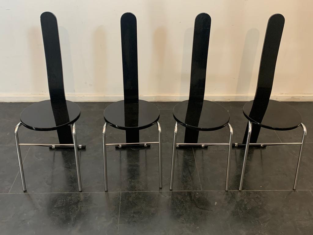 Black lacquered chromed tubular dining chairs, 1970s, set of 4.