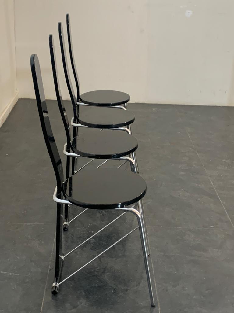 Black Lacquered Chromed Tubular Dining Chairs, 1970s, Set of 4 In Good Condition In Montelabbate, PU