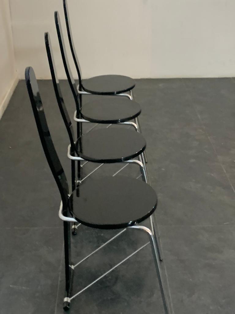 Late 20th Century Black Lacquered Chromed Tubular Dining Chairs, 1970s, Set of 4