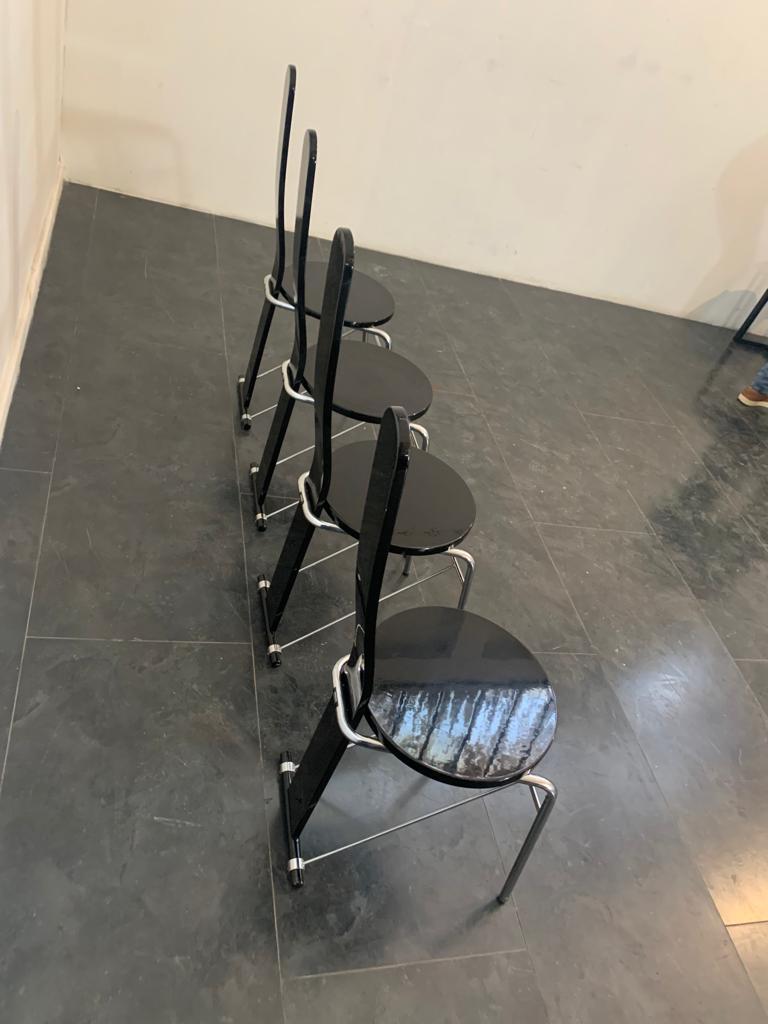 Metal Black Lacquered Chromed Tubular Dining Chairs, 1970s, Set of 4