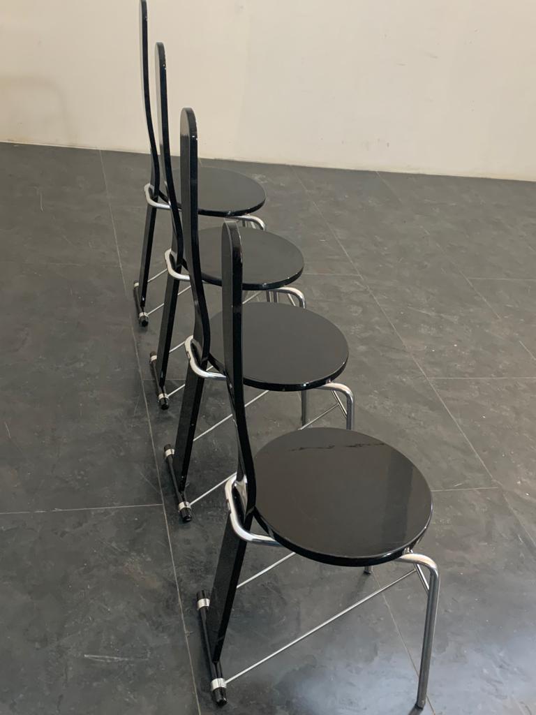 Black Lacquered Chromed Tubular Dining Chairs, 1970s, Set of 4 1