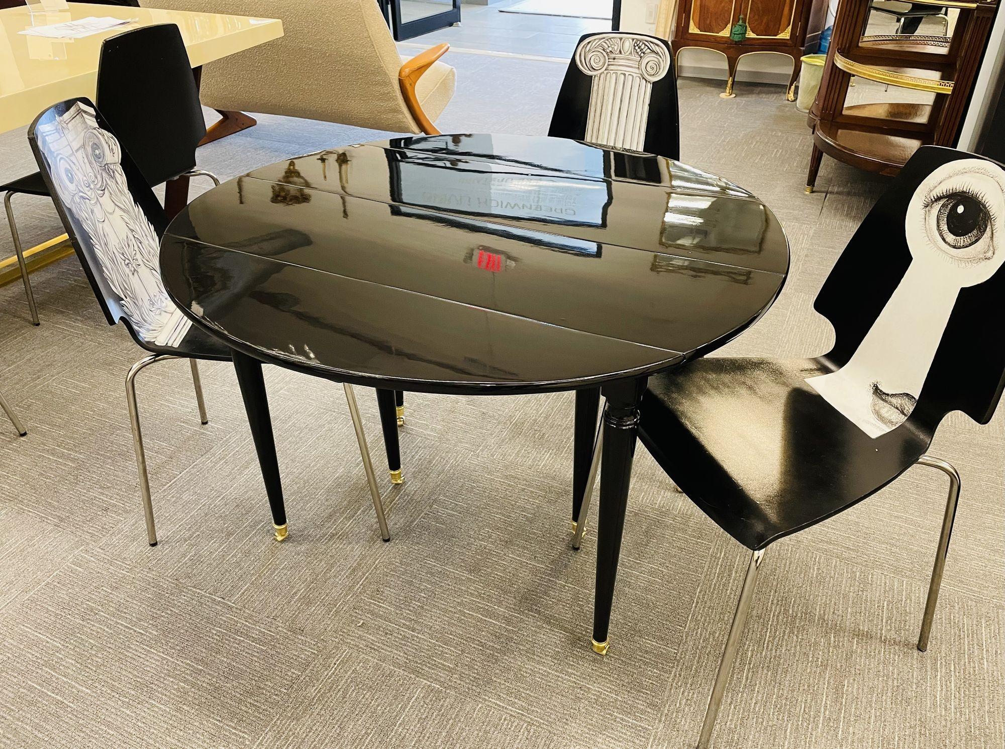 Black Lacquered Circular Dining Table, Three Leaves, Drop Side, Maison Jansen 11