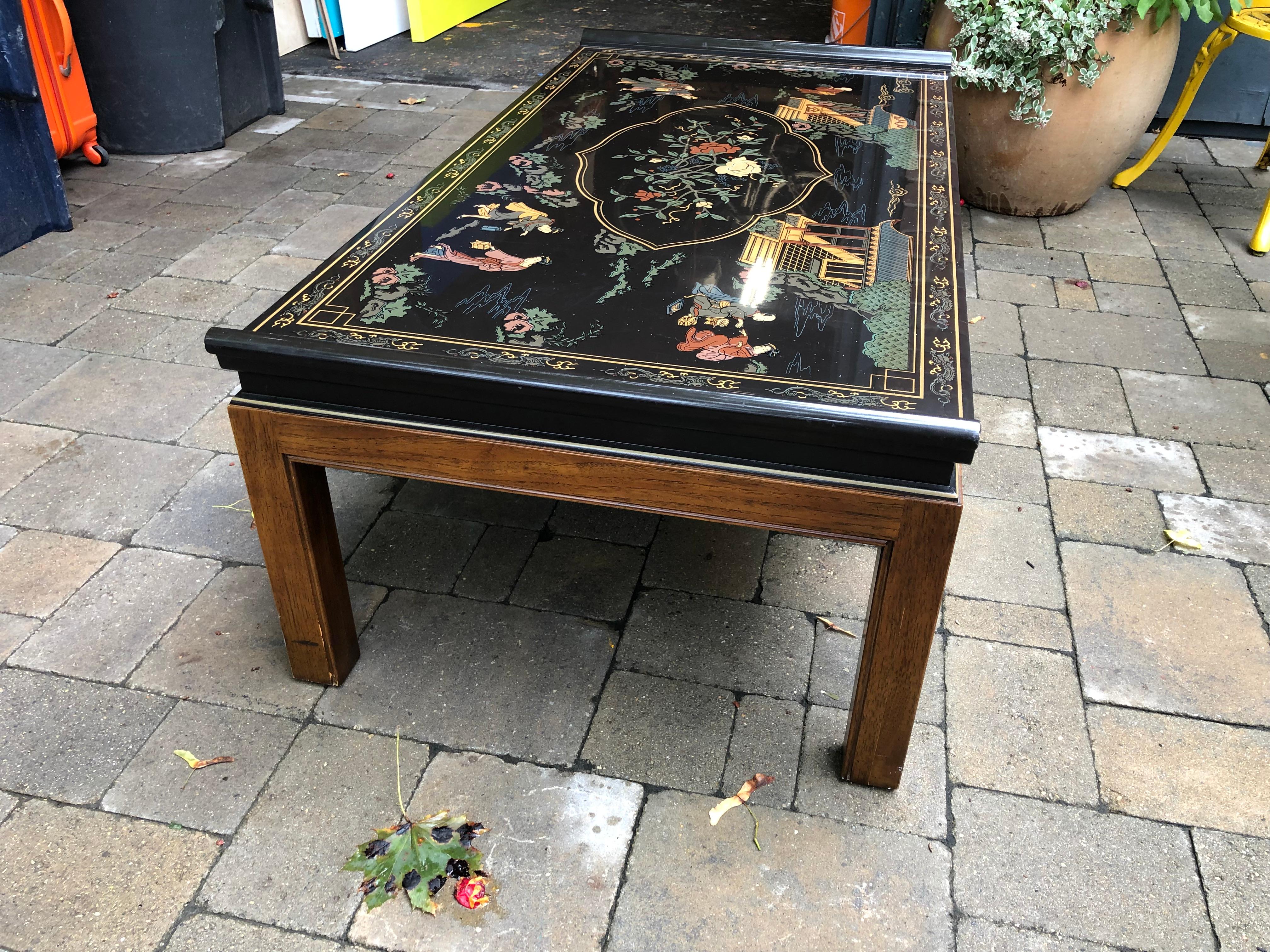 Chinoiserie Black Lacquered Coffee Table Drexel Heritage Hardwood Legs
