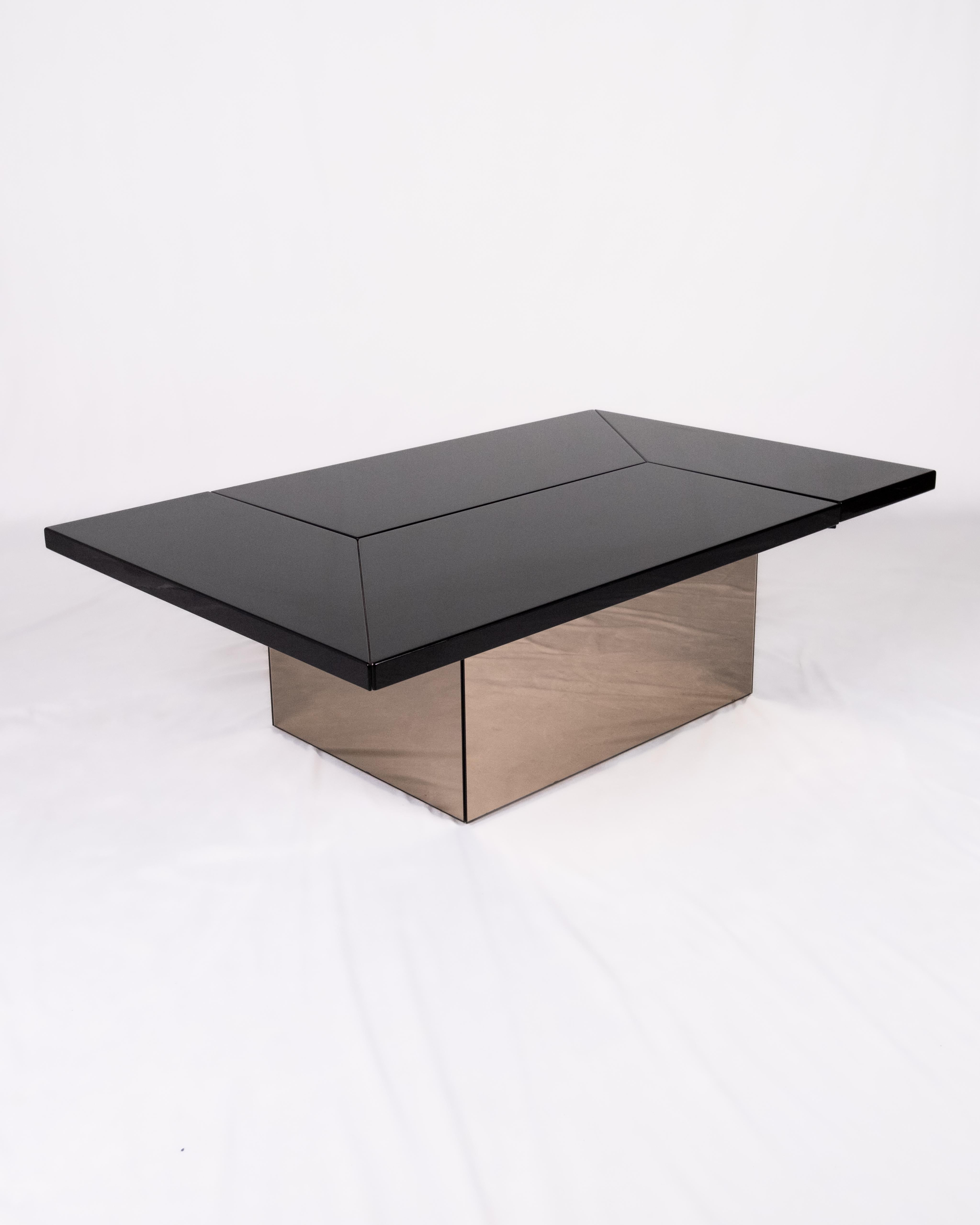 Post-Modern Black lacquered coffee table with bar by Paul Michel for Roche Bobois, 1980s For Sale