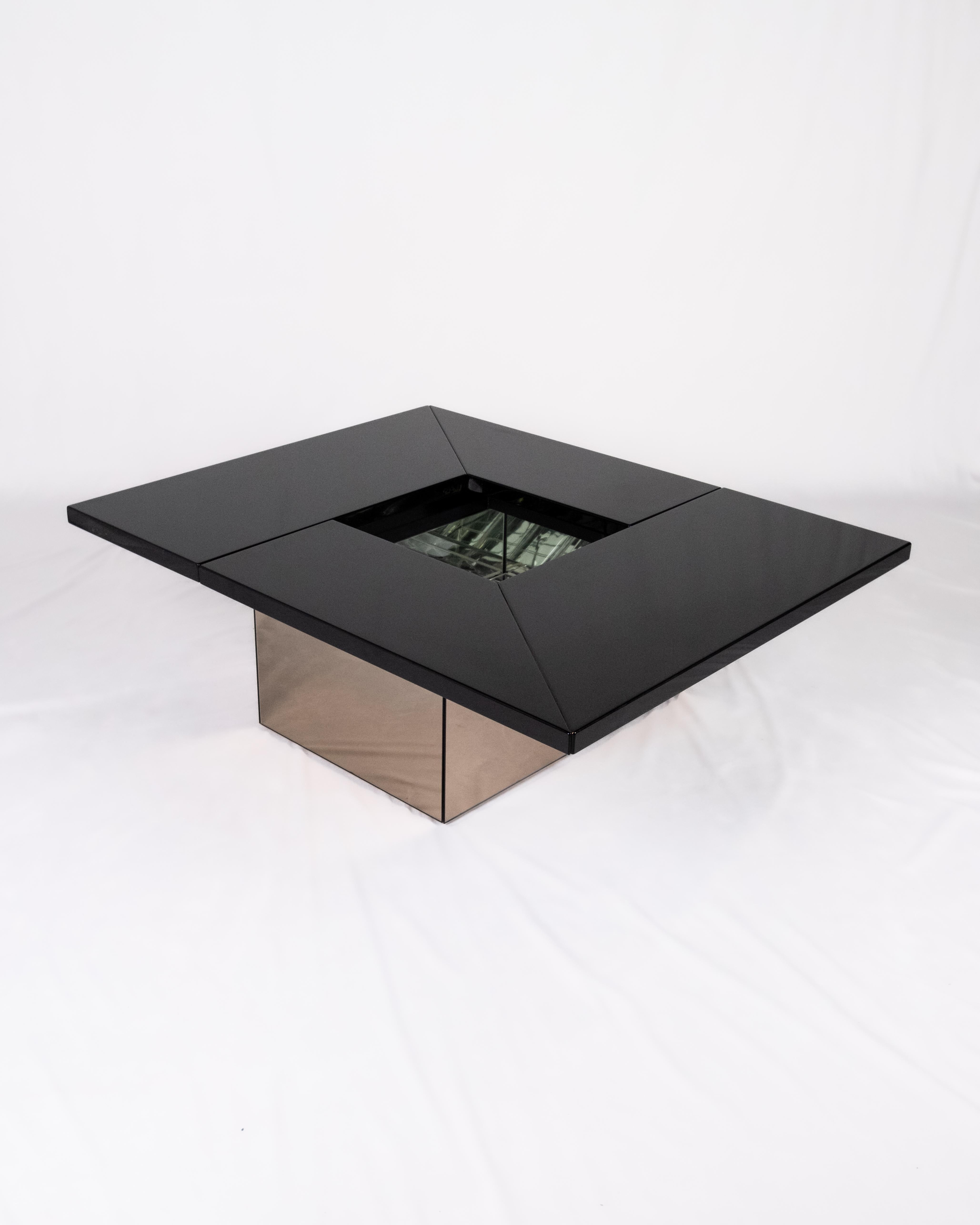 Glass Black lacquered coffee table with bar by Paul Michel for Roche Bobois, 1980s For Sale