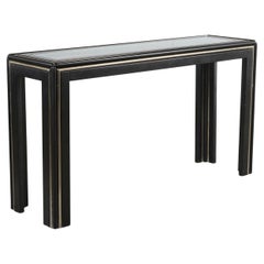Black Lacquered Console Table with Brass Detailing, 1970s
