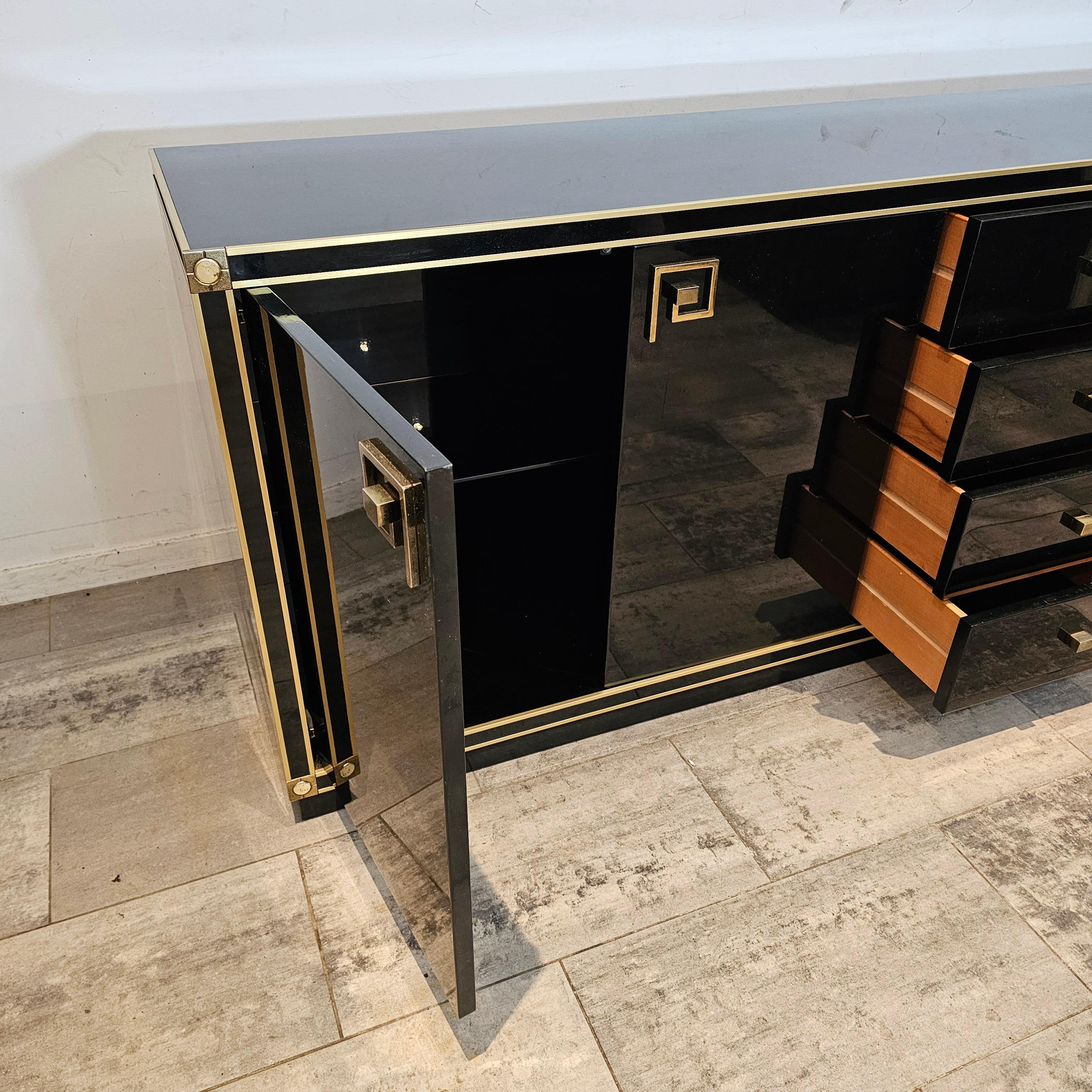 Black Lacquered Credenza With Brass Details, Style of 