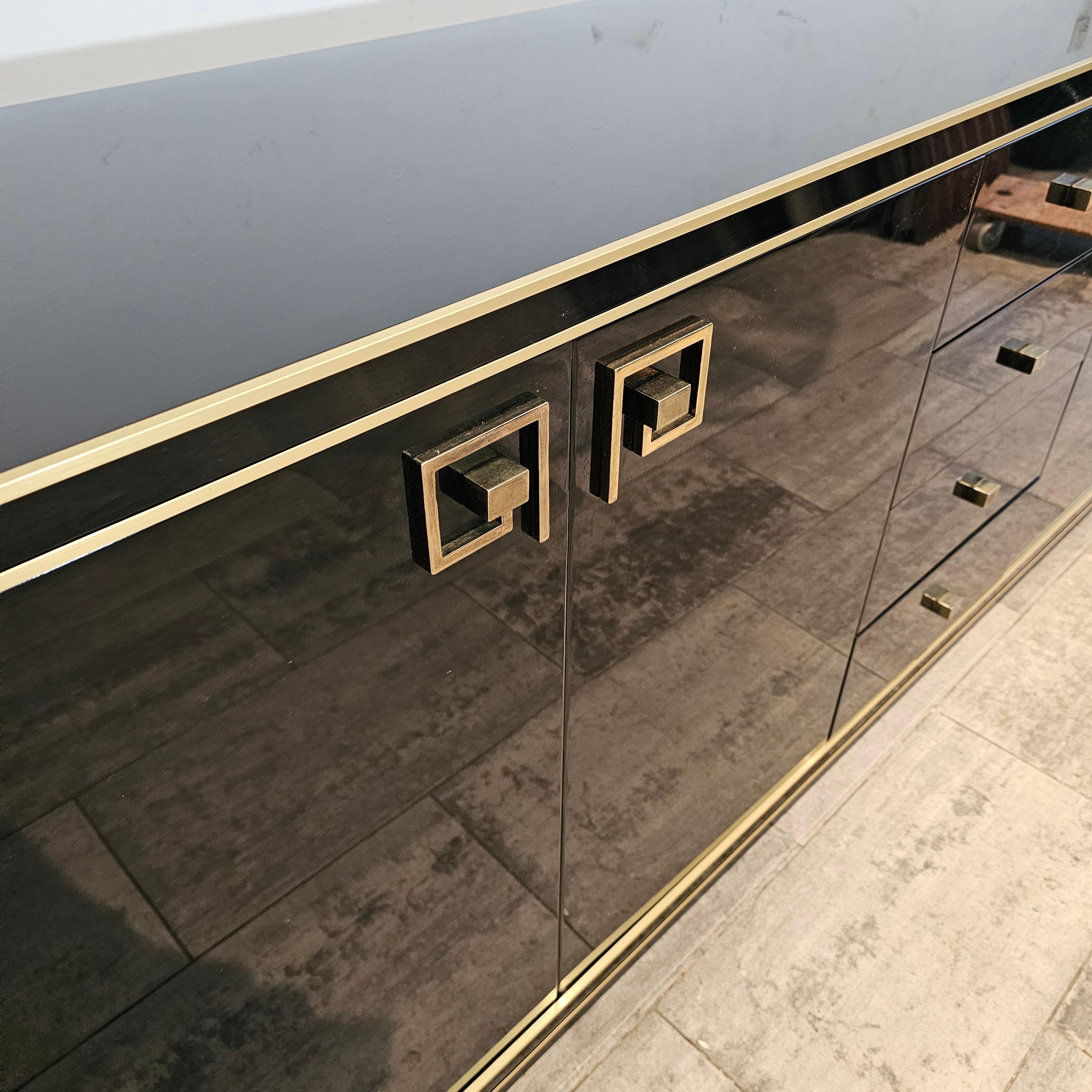 Hollywood Regency Black Lacquered Credenza With Brass Details, Style of 
