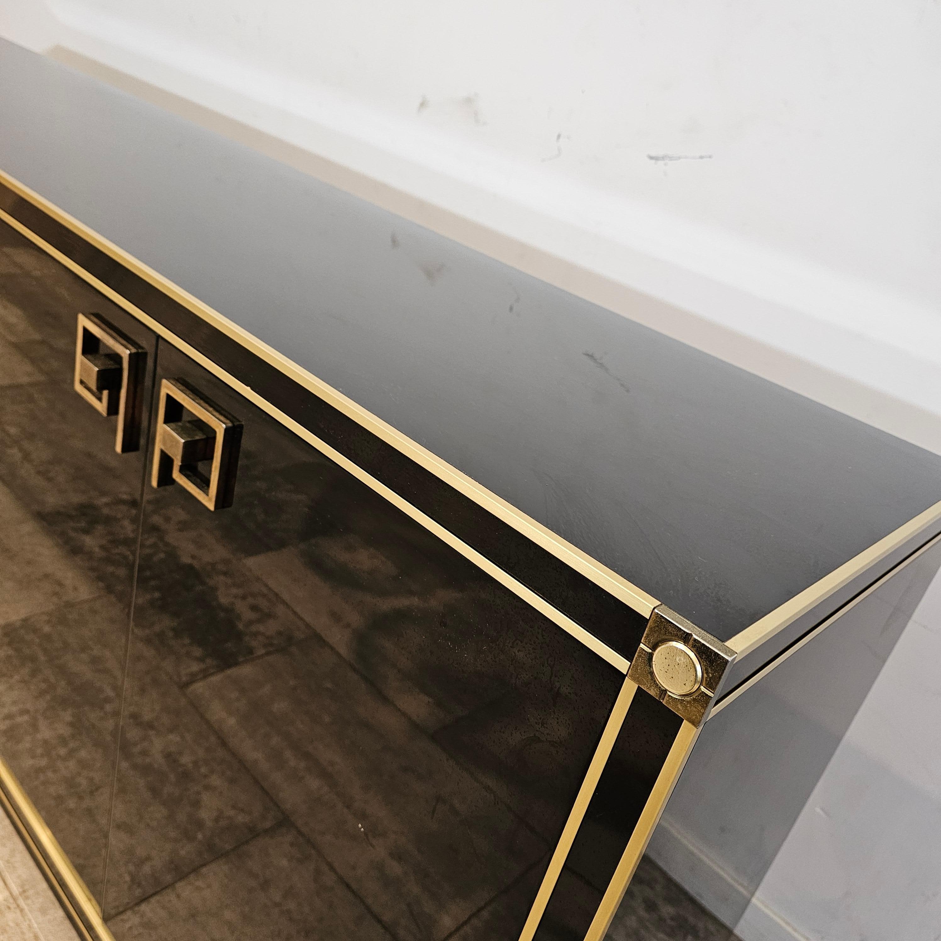 French Black Lacquered Credenza With Brass Details, Style of 