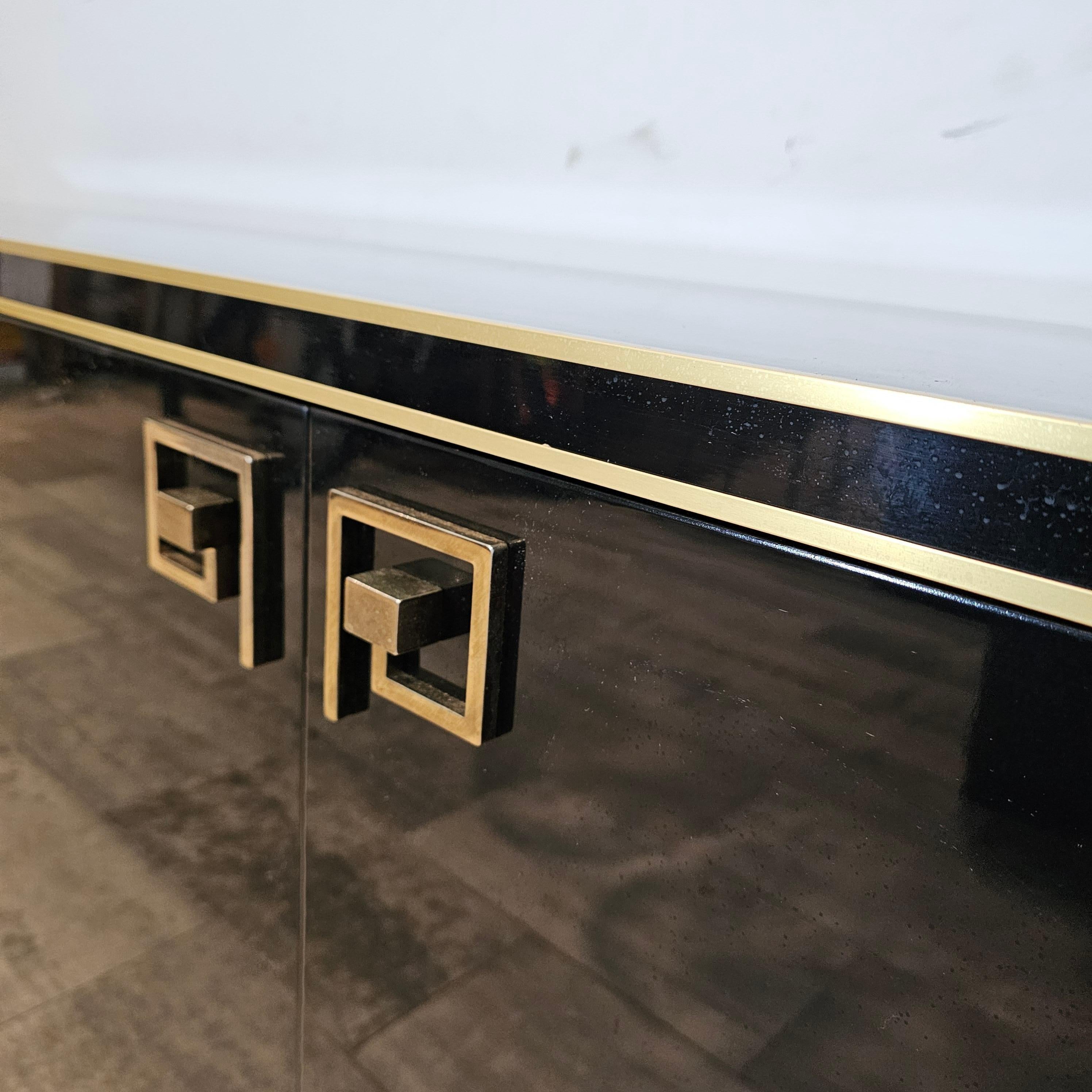 Late 20th Century Black Lacquered Credenza With Brass Details, Style of 