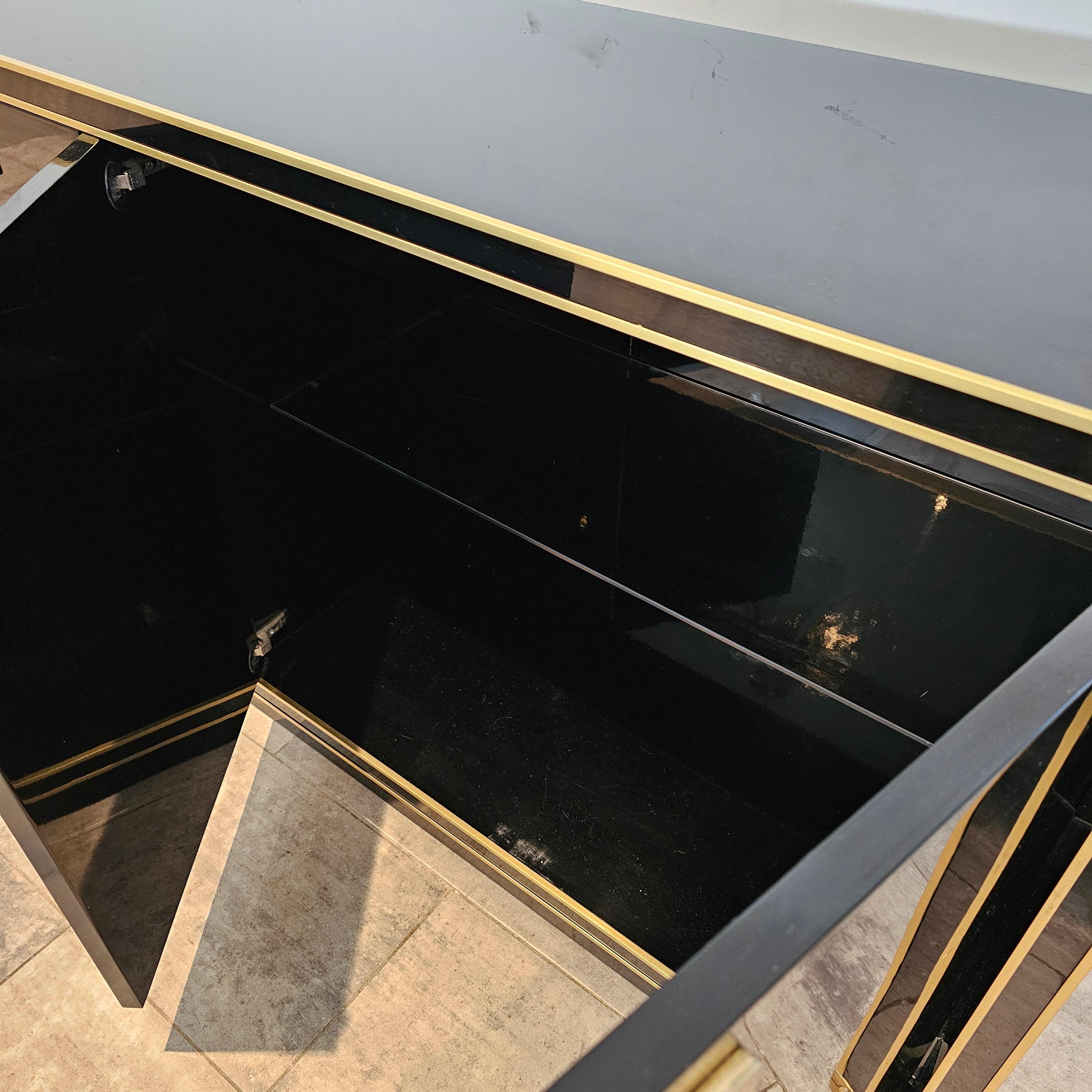 Wood Black Lacquered Credenza With Brass Details, Style of 