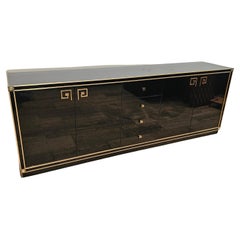 Vintage Black Lacquered Credenza With Brass Details, Style of "Maison Jansen", France 