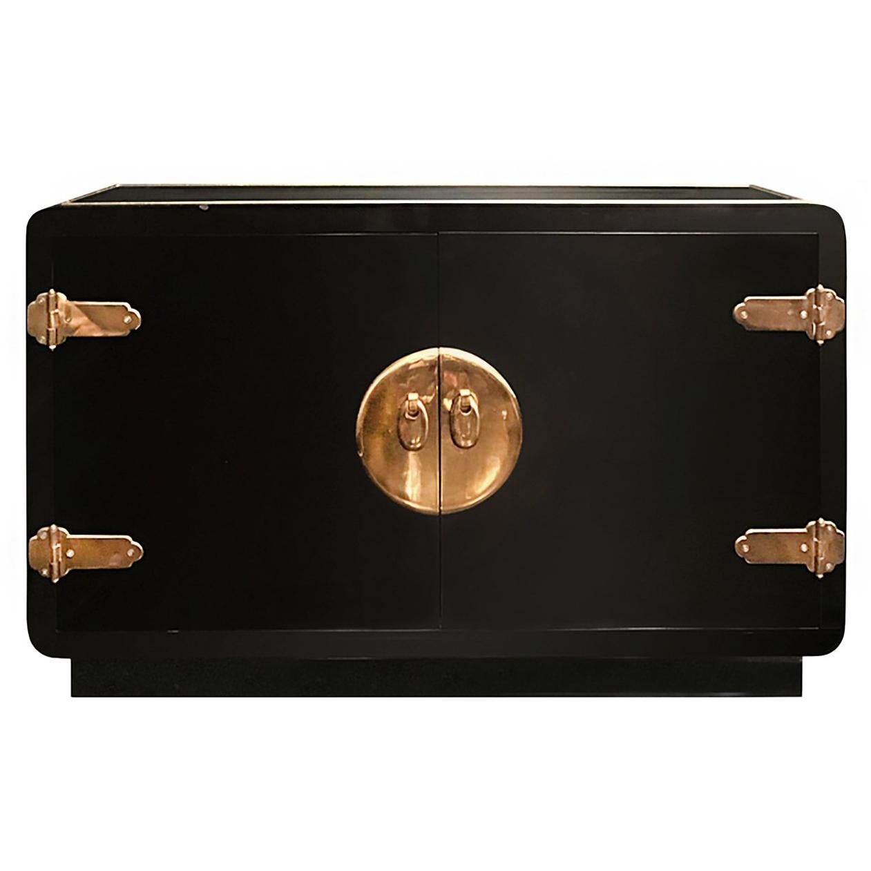 Black Lacquered Credenza with Brass Hardware by Mastercraft
