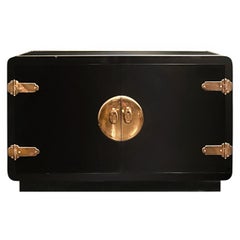 Black Lacquered Credenza with Brass Hardware by Mastercraft