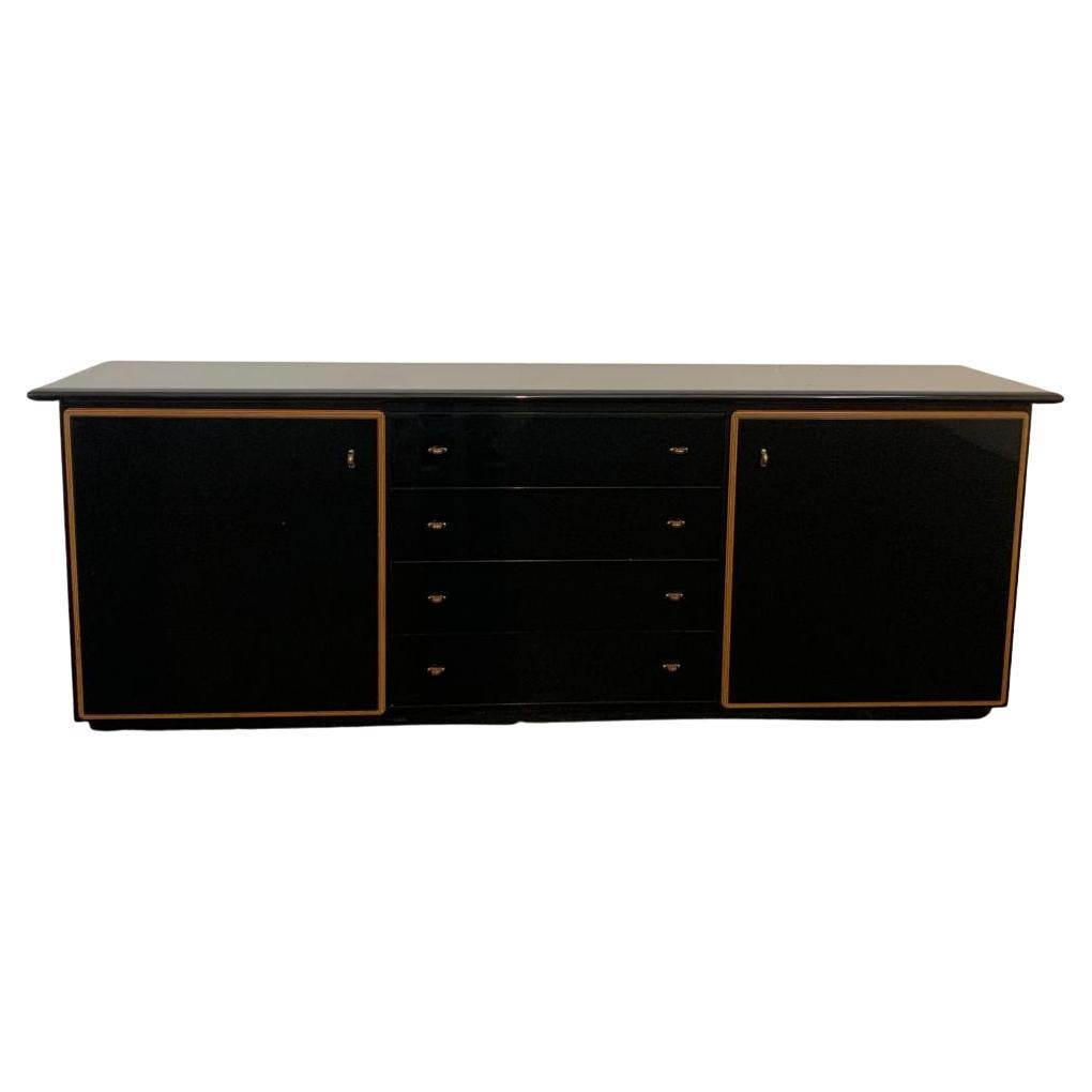 Black Lacquered Credenza with Layered Wood by Pierre Cardin for Roche Bobois