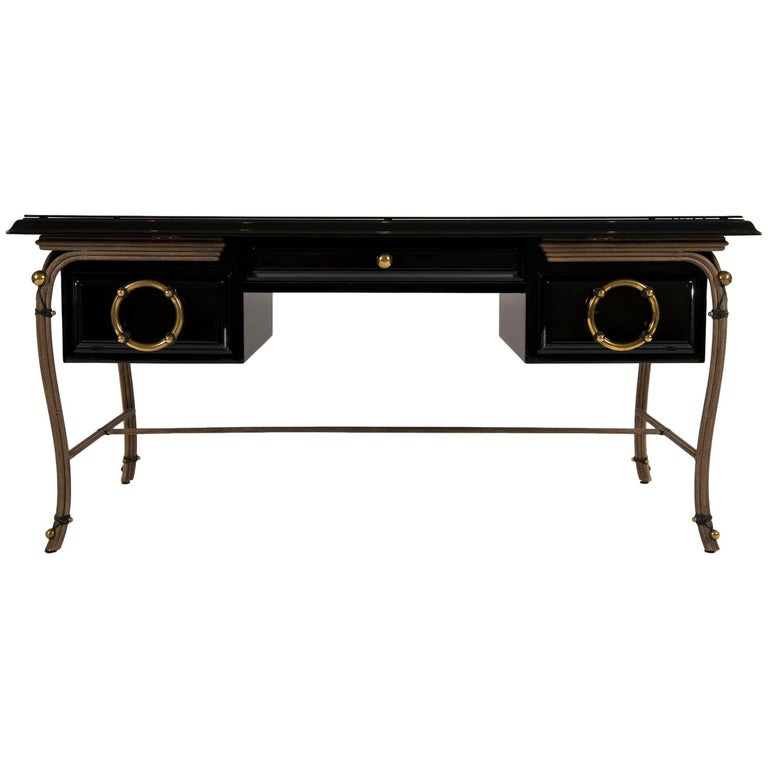 Black Lacquered Desk with Black Glass Top For Sale at 1stdibs