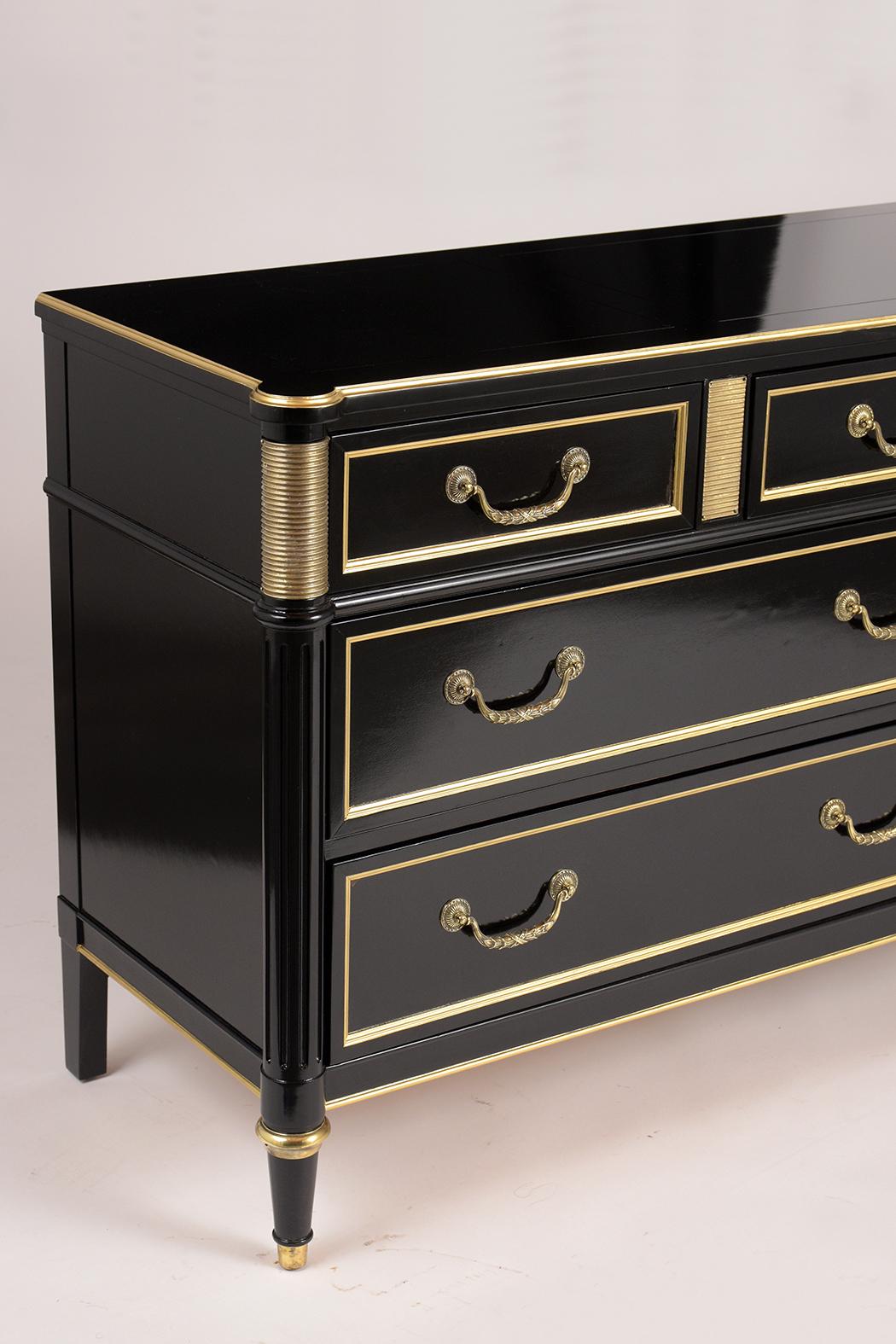 Carved Black Lacquered Dresser by Baker on the Louis XVI Style
