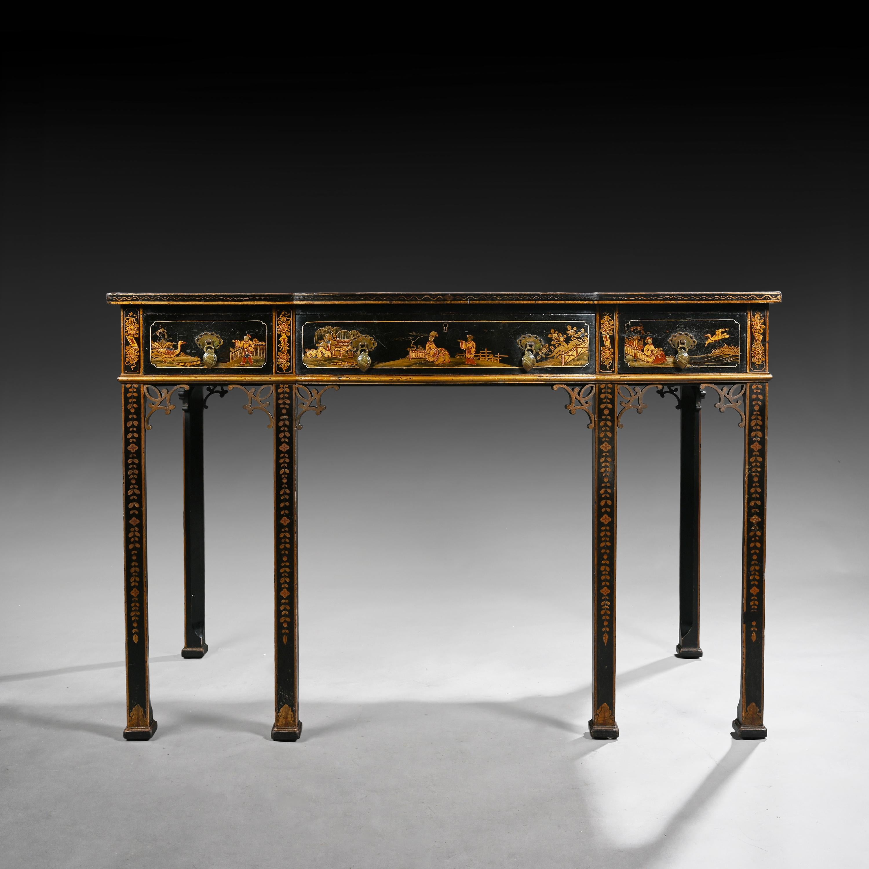 English Black Lacquered Early 20th Century Chinoiserie Writing Table