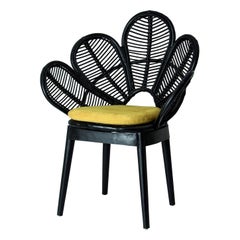 Black Lacquered Flower Wooden and Rattan Armchair