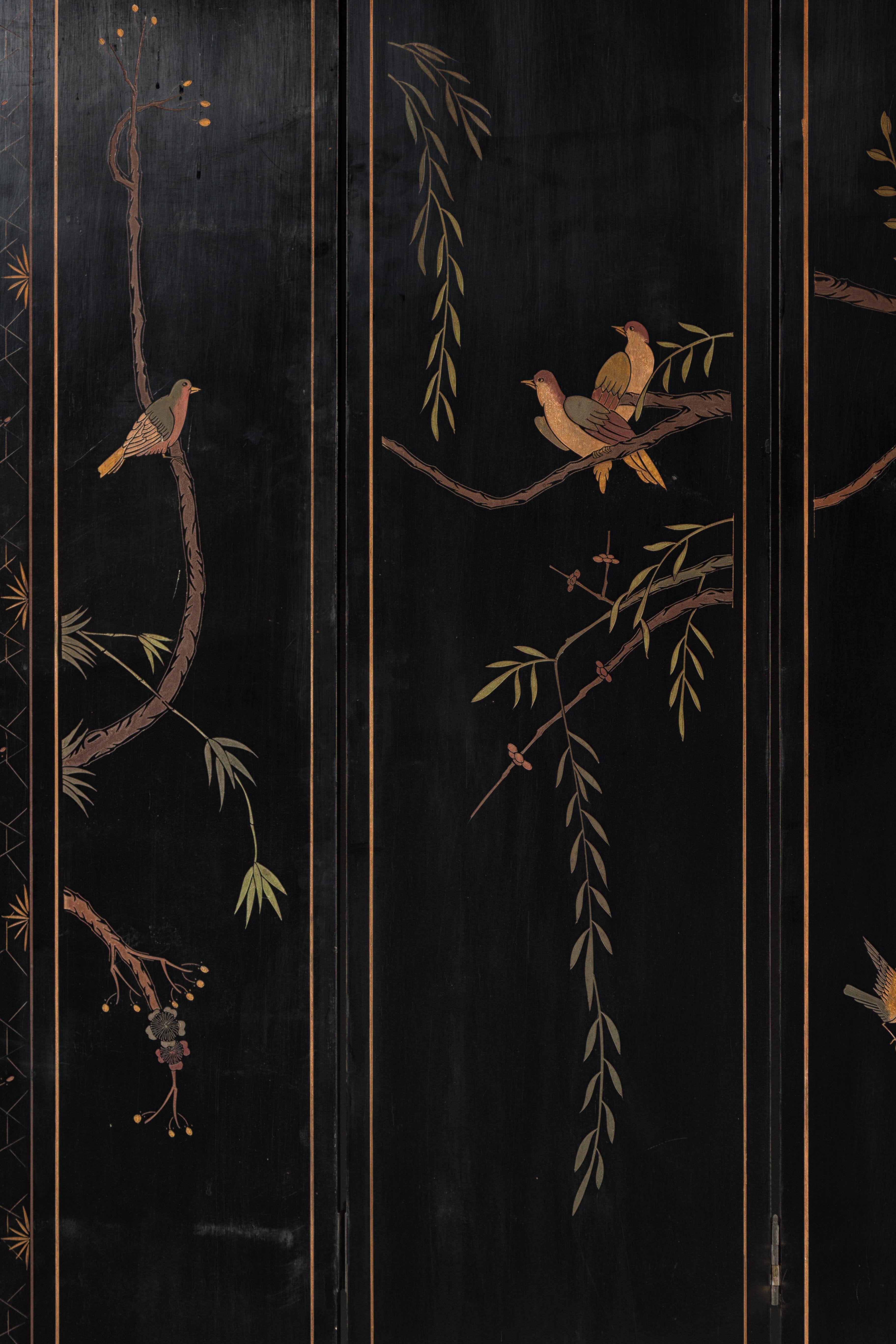 Black Lacquered Four-Panel Screen with Polychrome Bird, Foliage and Tree Décor 11
